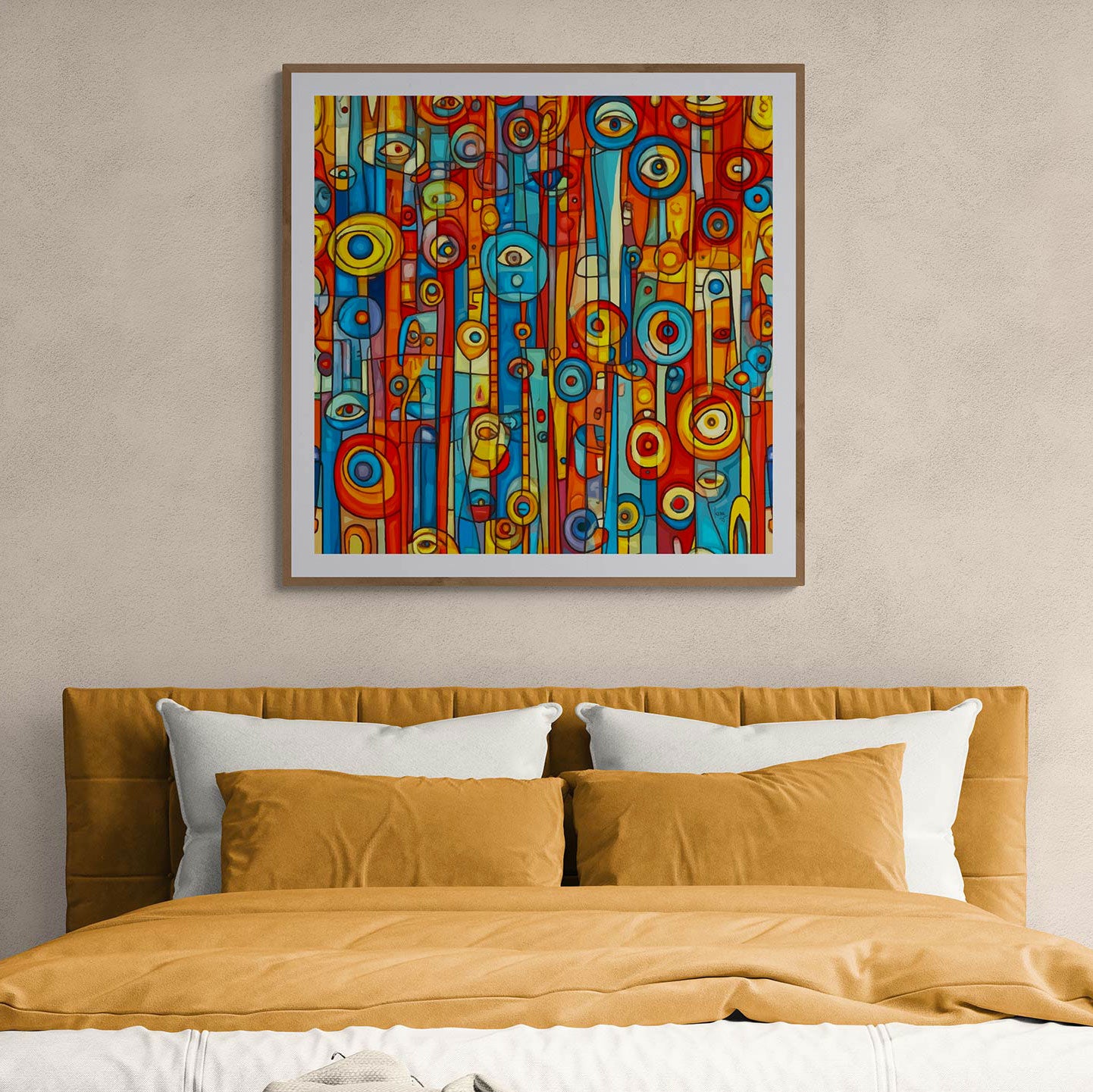 L’œuvre "Orwell" encadrée et exposée dans une chambre à couc, tableau numérique aux couleurs vives et aux allures de carte urbaine abstraite, ajoutant caractère et profondeur à l’espace.er