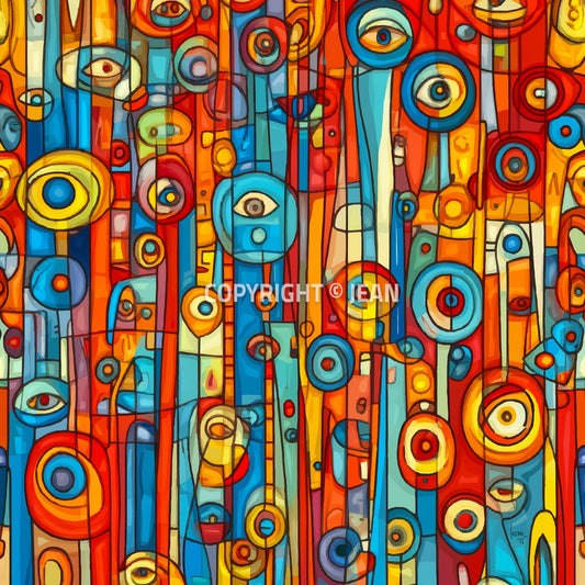 Œuvre numérique "Orwell", des couleurs vives, composition graphique dense inspirée de l’urbanisme, du labyrinthe et du contrôle, dans un style géométrique oppressant.