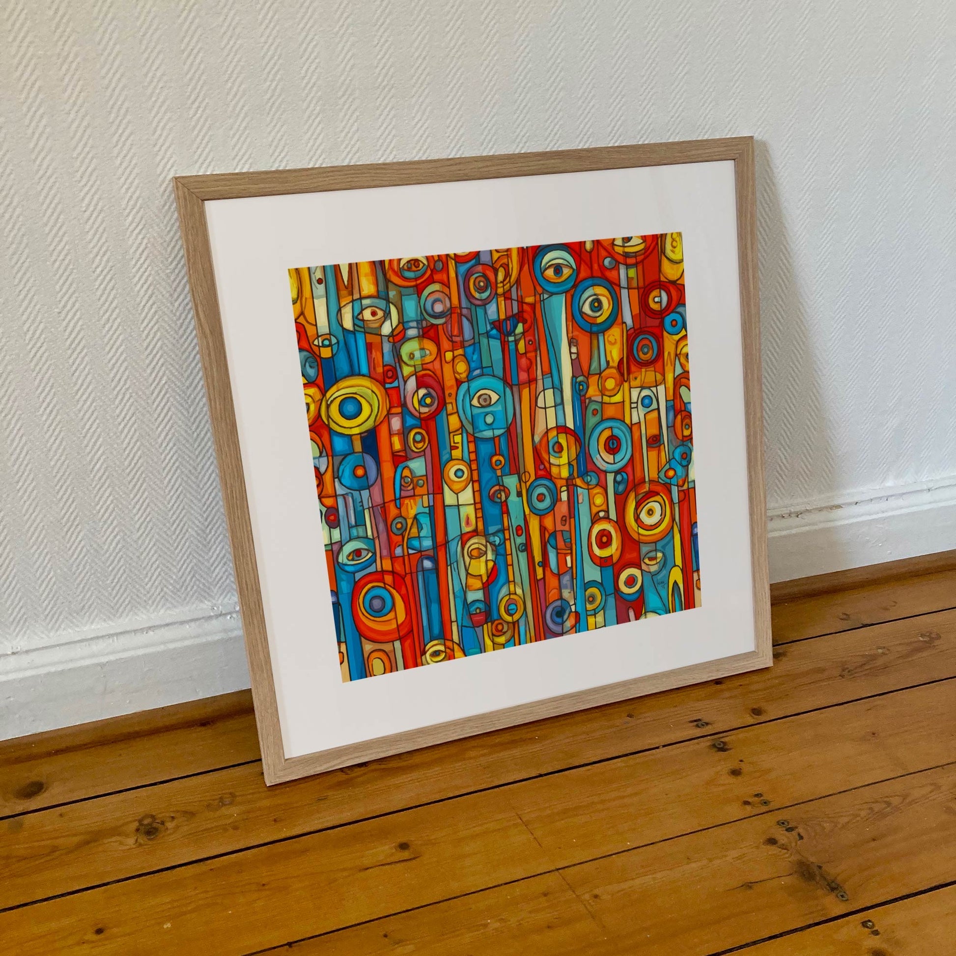 Œuvre "Orwell" encadrée en format 50×50 cm, art digital aux couleurs vives et aux motifs urbains serrés, encadrement bois clair sobre et contemporain.