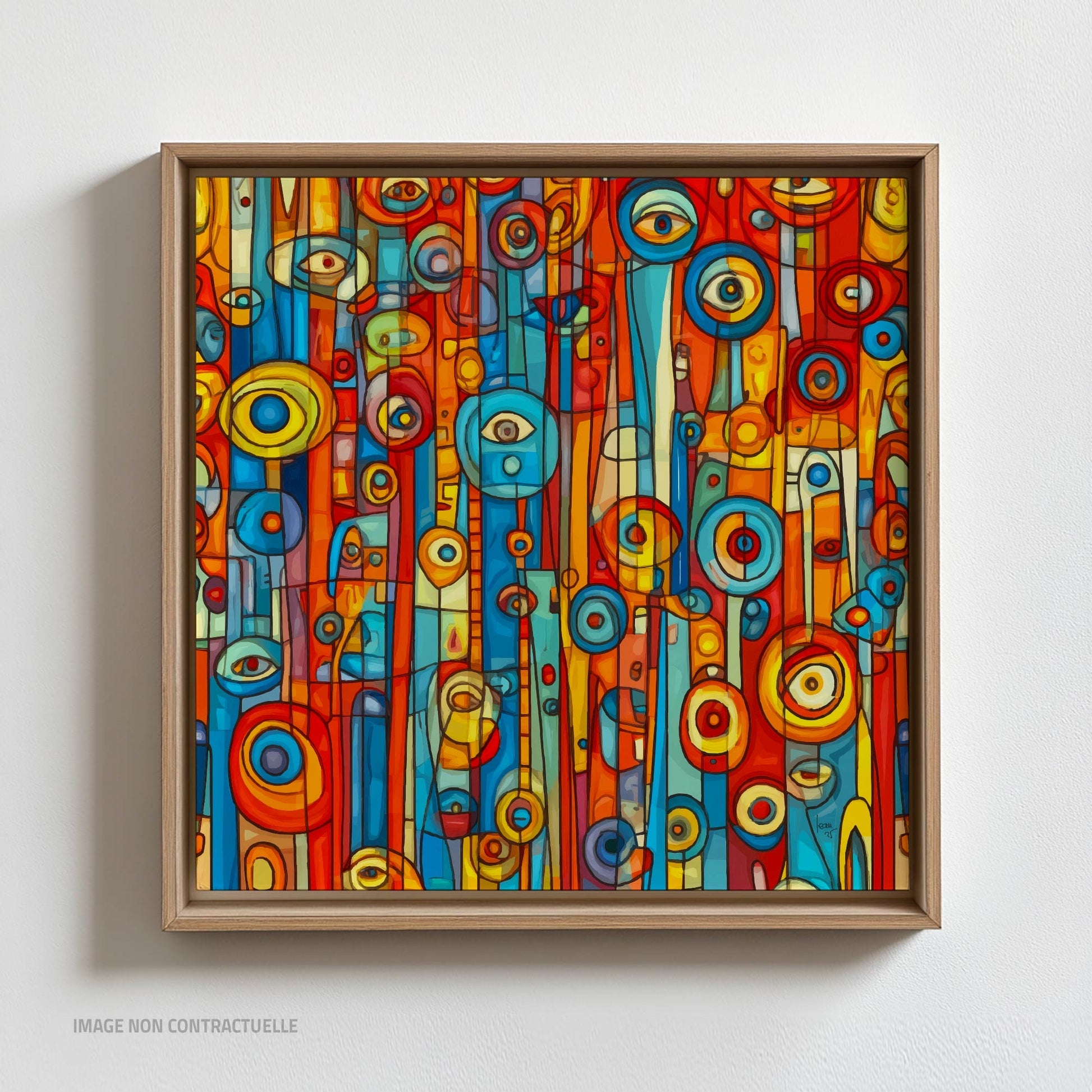 Tirage sur caisse américaine 110×110 cm de l’œuvre "Orwell", composition graphique intense aux lignes denses et contrastées