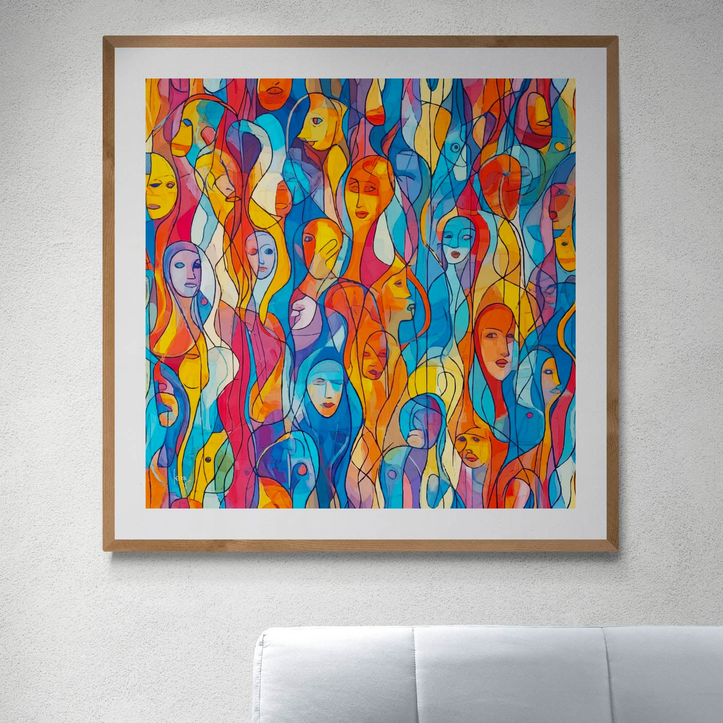 Œuvre 'EUX' exposée dans un salon moderne, mosaïque de visages colorés en bleu, orange, jaune, rouge, décoration intérieure contemporaine, 2025. Sous cadre.