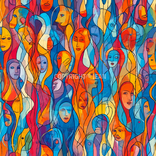 Œuvre contemporaine "EUX" avec visages colorés en bleu, orange, jaune, rouge dans une mosaïque expressive, lignes noires fluides, style abstrait figuratif, 2025