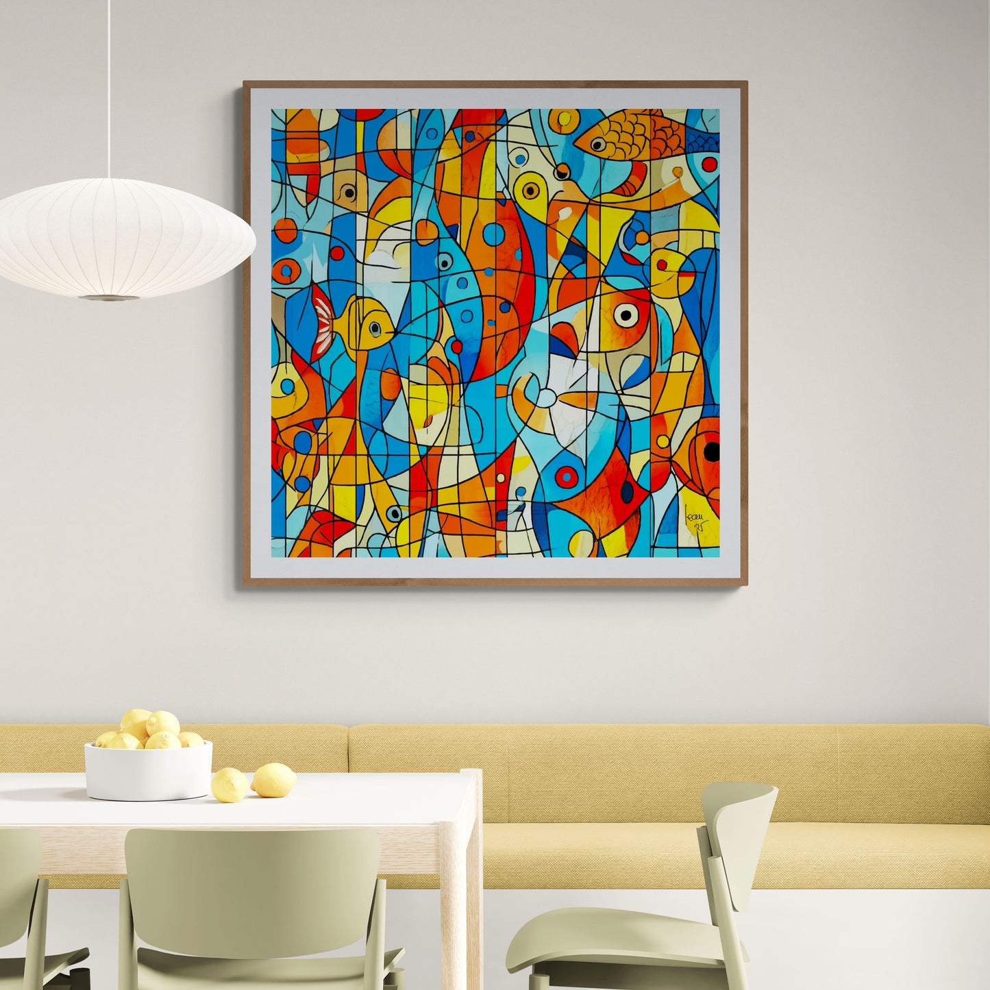 Œuvre 'OCÉANIA' exposée dans une salle à manger, sous cadre, bleus profonds, oranges et reflets dorés, décoration intérieure aquatique, 2025