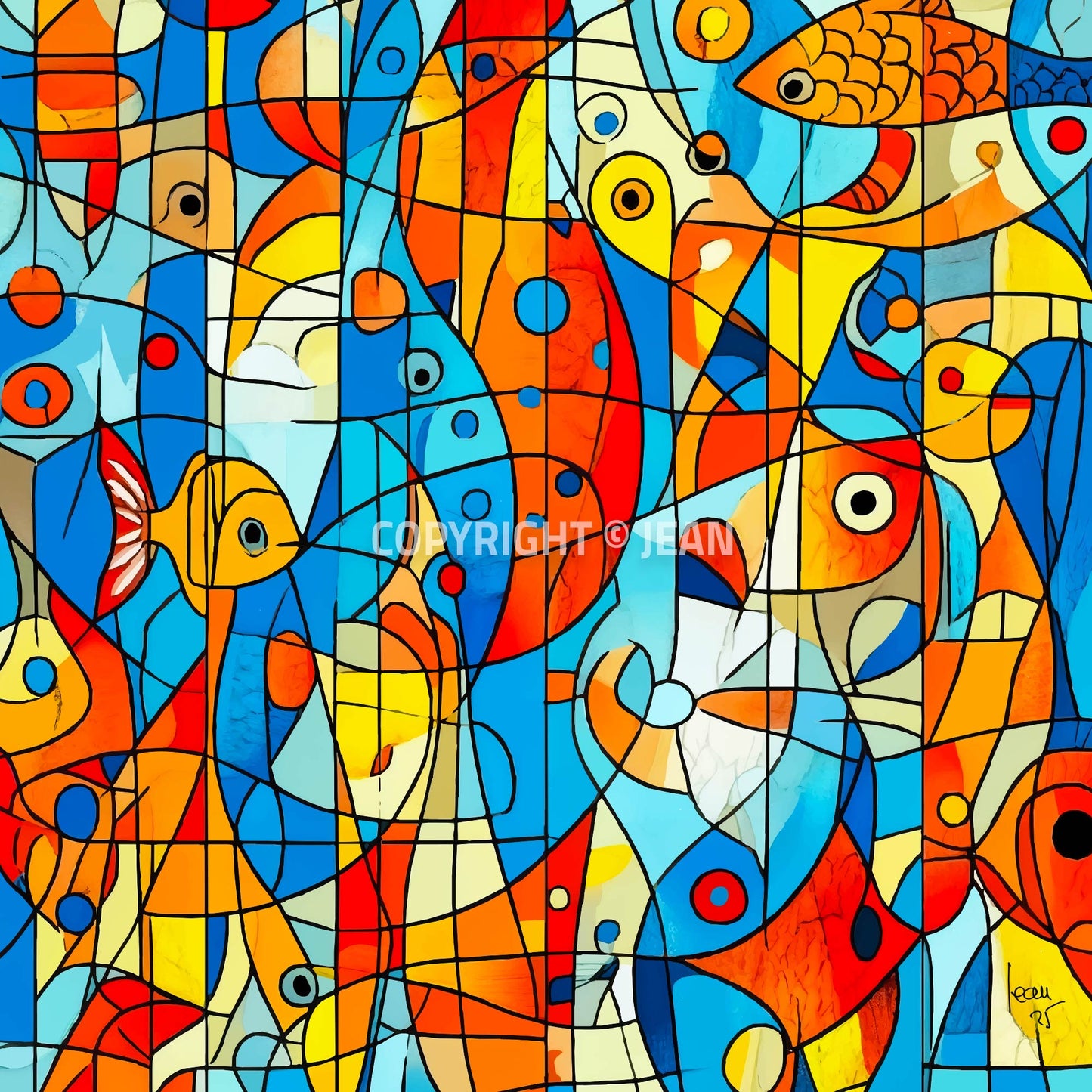 Œuvre contemporaine 'OCÉANIA' avec formes fluides en bleus profonds, oranges solaires et reflets dorés, style abstrait aquatique, 2025