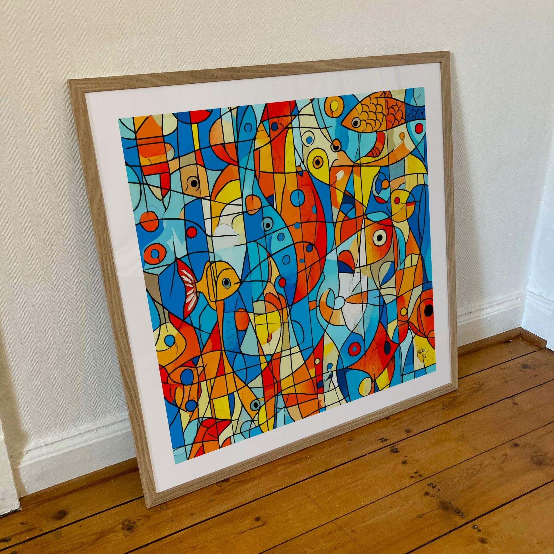 Œuvre 'OCÉANIA' encadrée en 70x70cm, formes fluides en bleus, oranges et doré, cadre en bois clair, style abstrait moderne, 2025