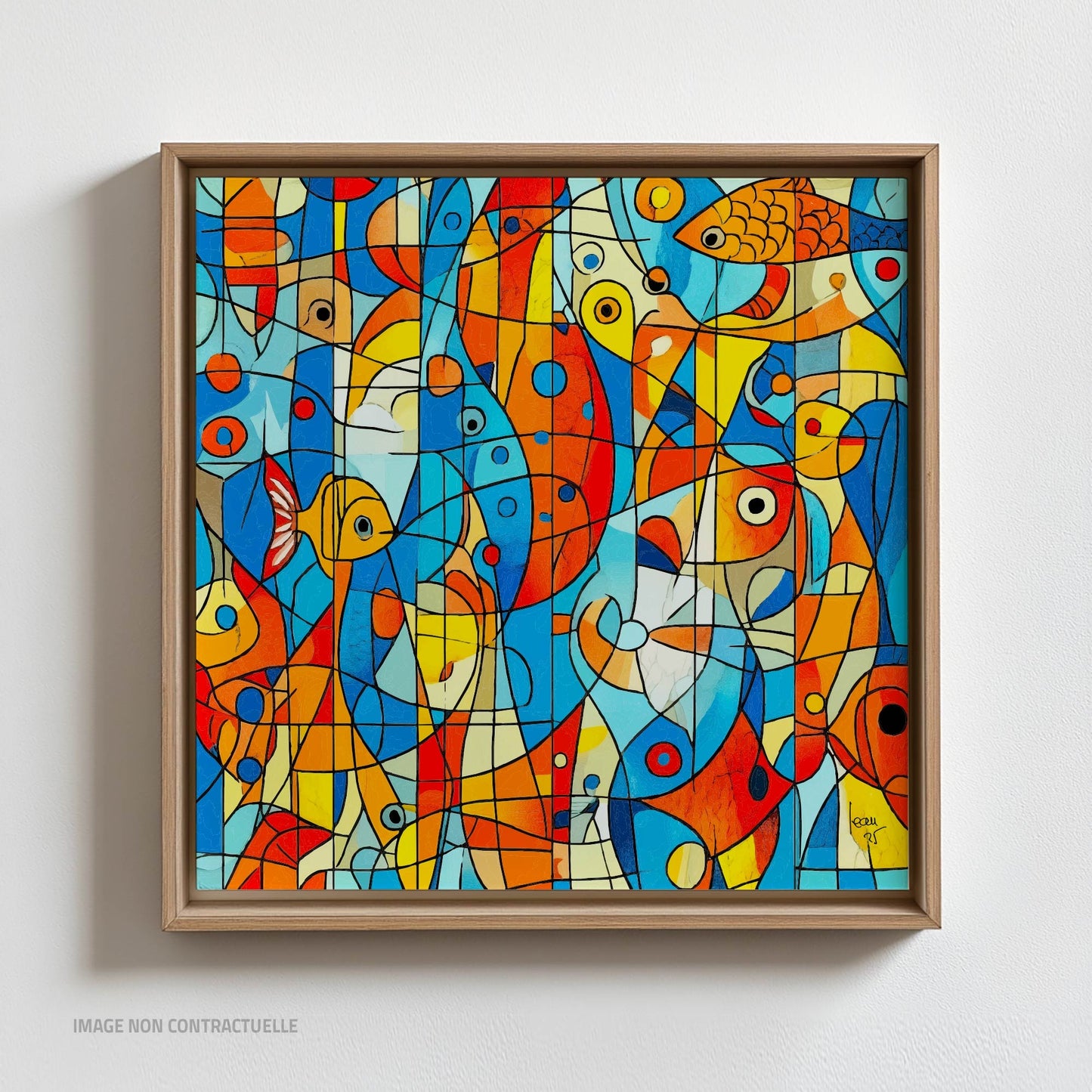 Œuvre 'OCÉANIA' sur cadre flottant en bois clair, bleus profonds et oranges sur Dibond, style abstrait aquatique vibrant, 2025