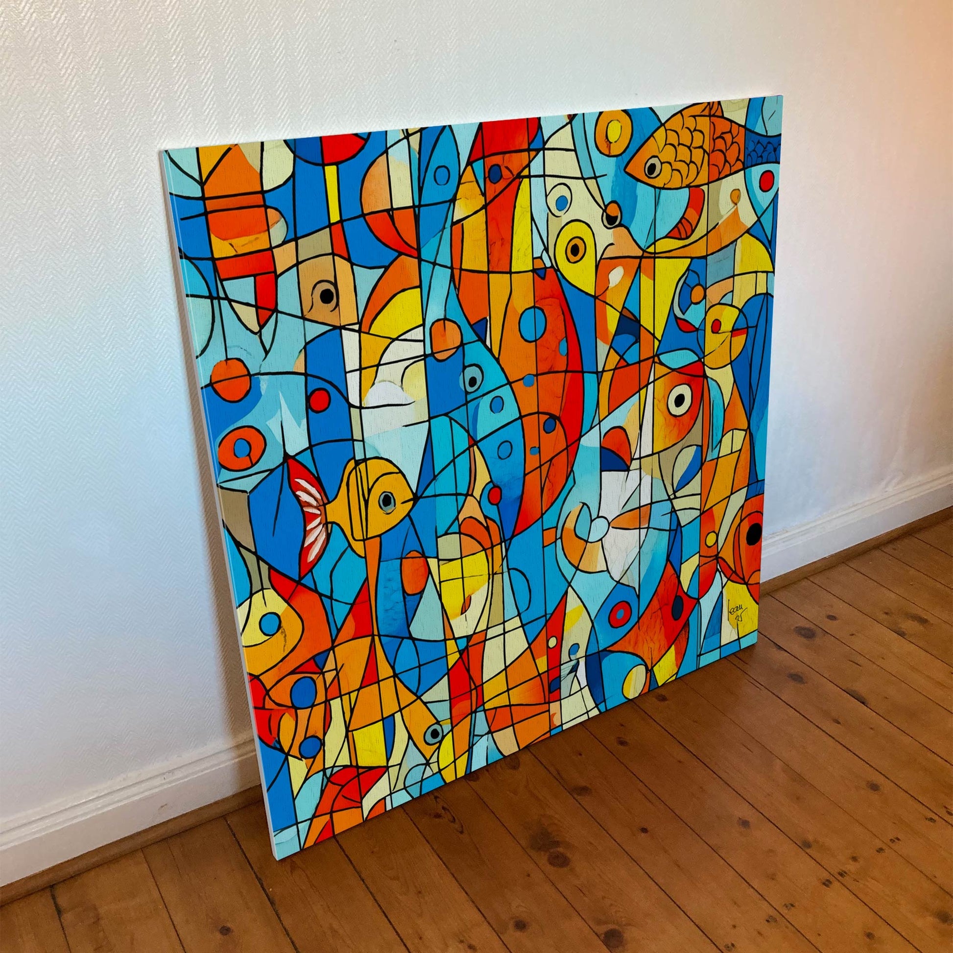 Œuvre 'OCÉANIA' sur toile Hahnemühle Canvas Goya 340g, formes fluides en bleus, oranges et doré, art abstrait aquatique, 2025
