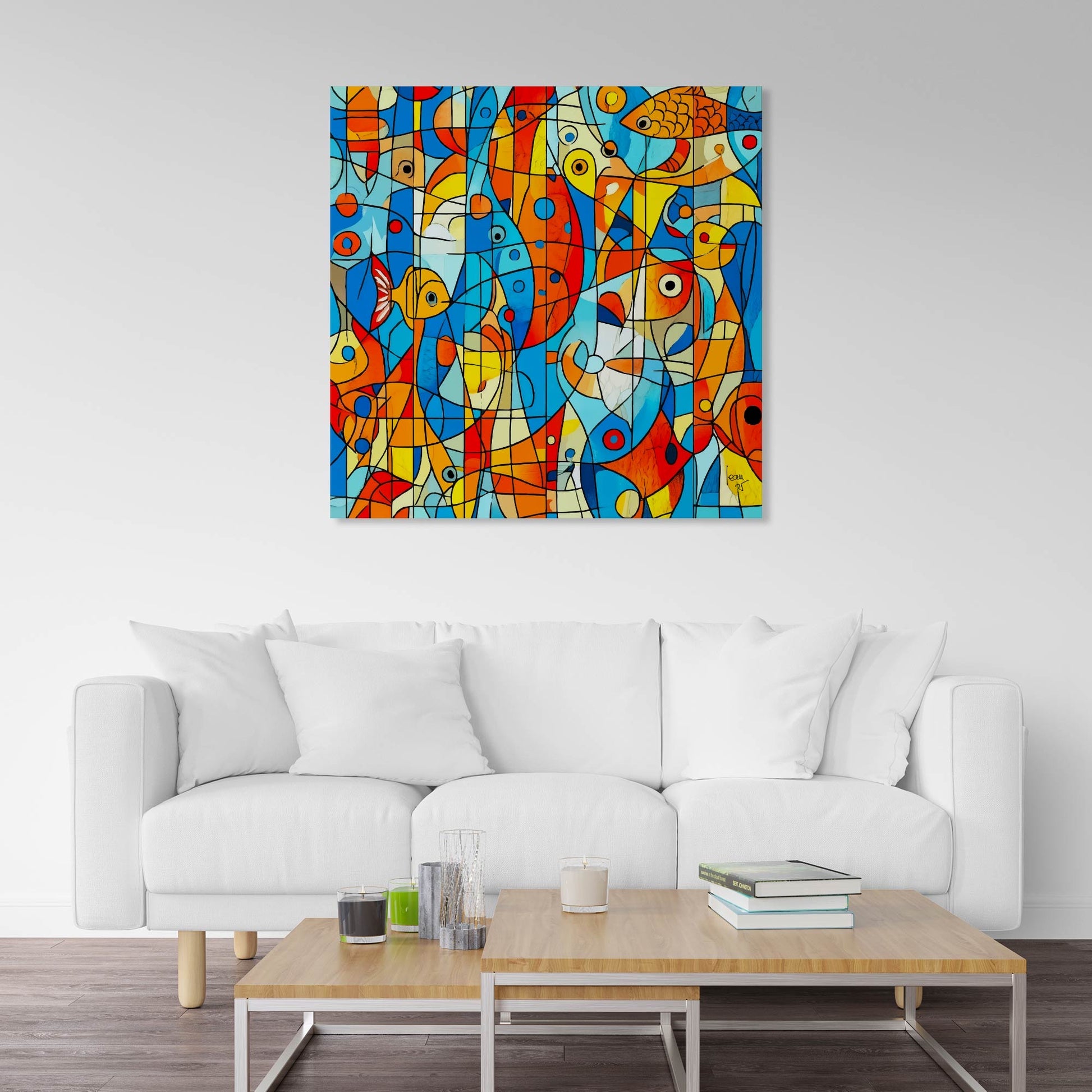 Œuvre 'OCÉANIA' exposée dans un salon moderne, bleus profonds, oranges et reflets dorés, décoration intérieure aquatique, 2025