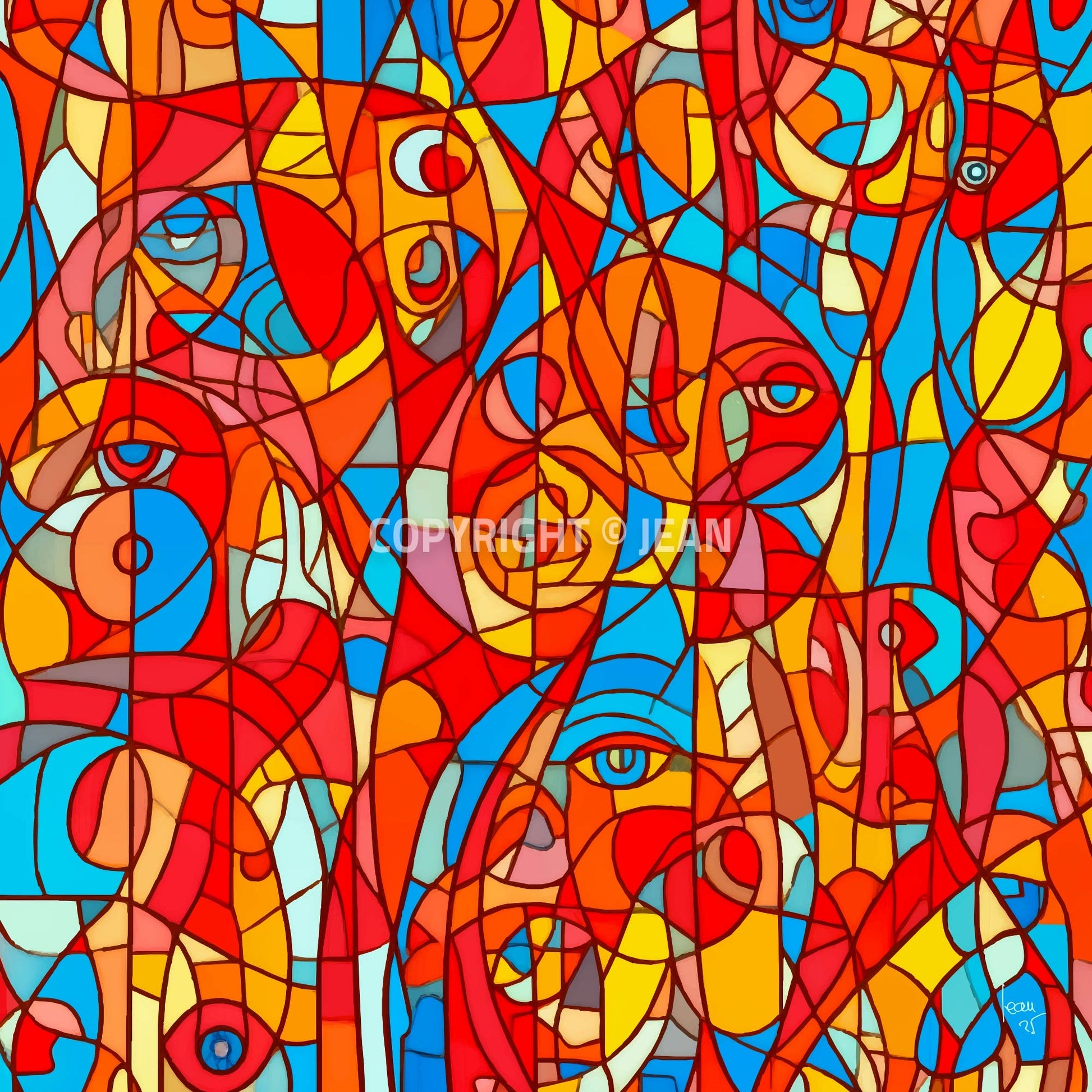 Œuvre complète 'Kaleïa' : composition abstraite rouge, bleu et jaune évoquant un vitrail contemporain