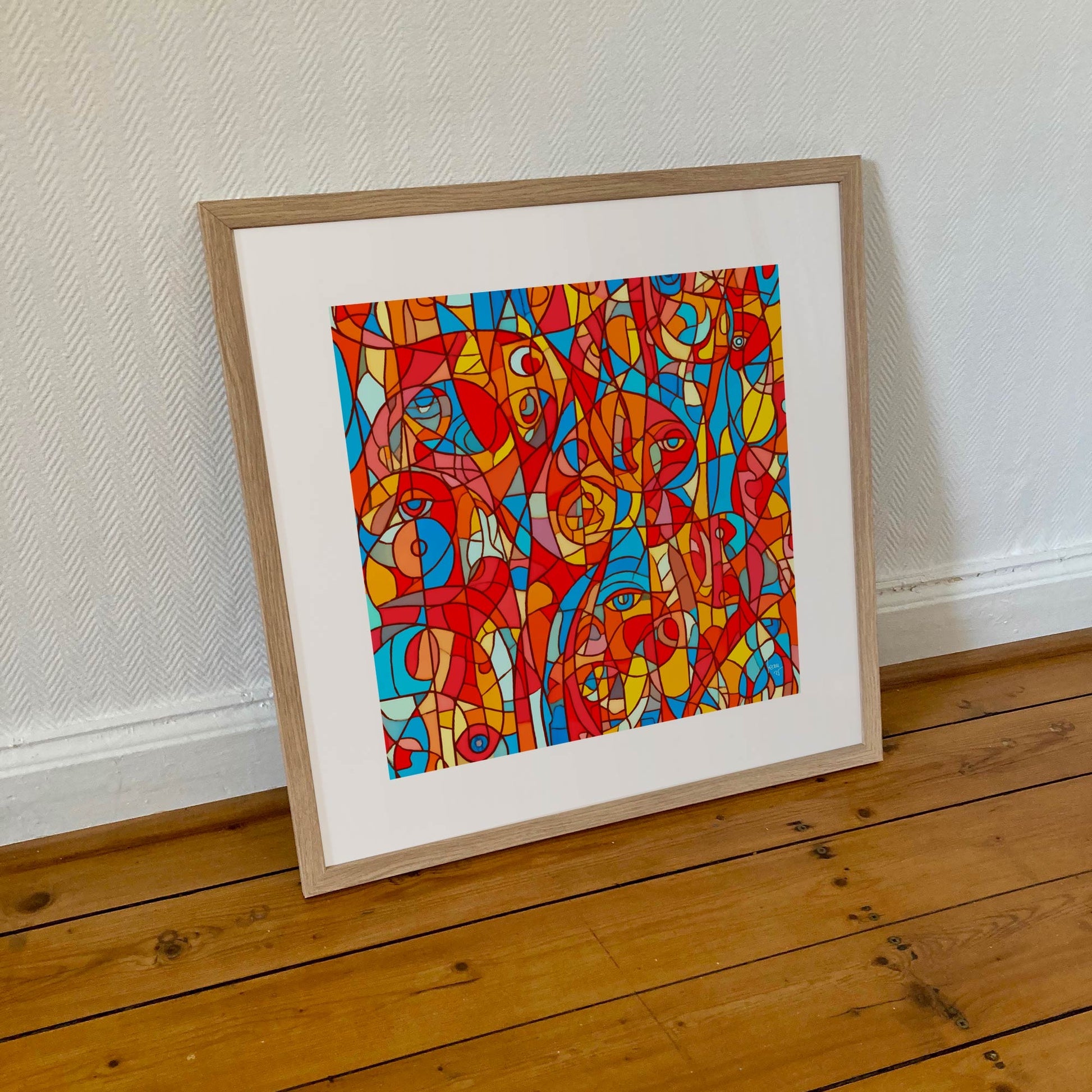 Œuvre 'Kaleïa' encadrée 50×50 cm, composition abstraite rouge, bleu profond et jaune vif en format compact