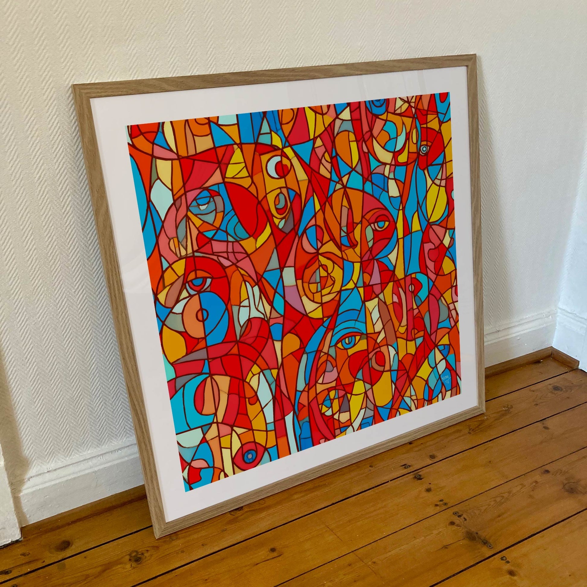 Œuvre 'Kaleïa' encadrée 70×70 cm, vitrail abstrait rouge, bleu et jaune, format mural expressif