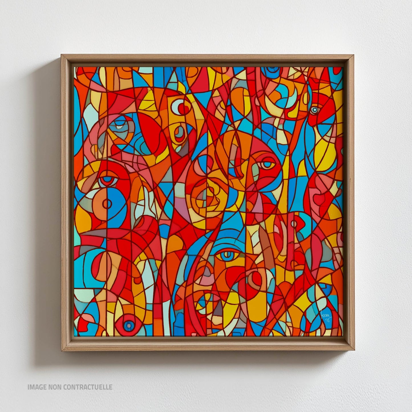 Œuvre 'Kaleïa' sur cadre flottant, formes entremêlées rouge, bleu et jaune aux accents vitraux