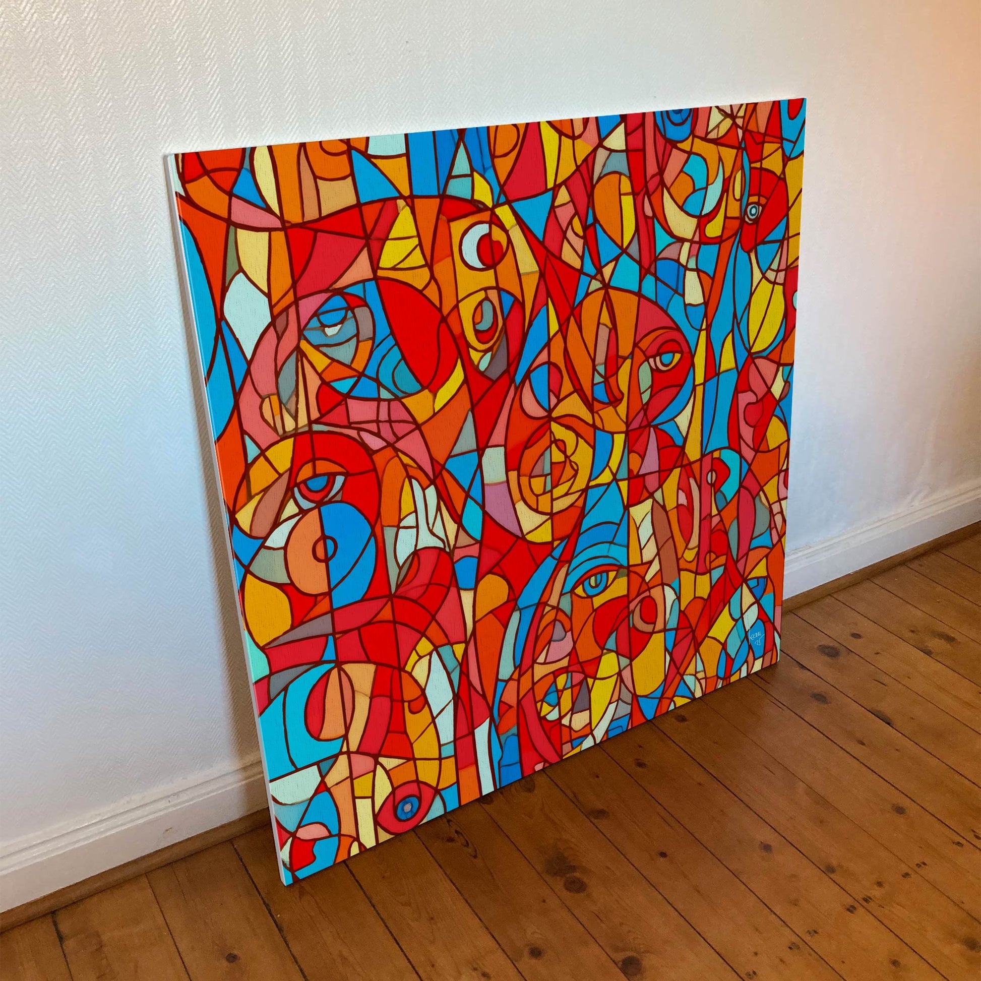 Œuvre 'Kaleïa' imprimée sur toile FineArt Goya : abstrait rouge, bleu profond et jaune lumineux