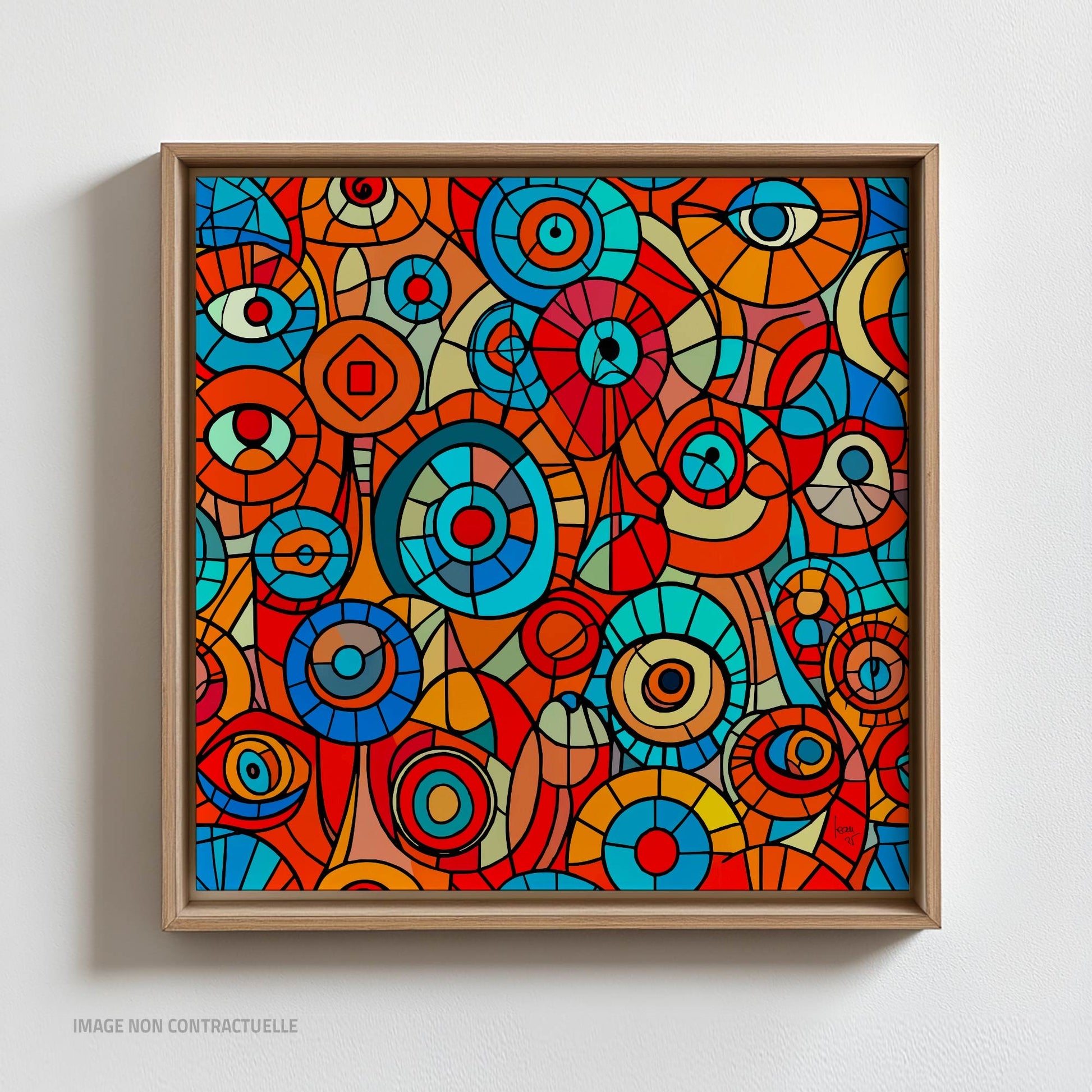 Oœuvre "Iris", sur caisse américaine 110x110cm textures concentriques et reflets colorés soulignant la profondeur du regard humain.