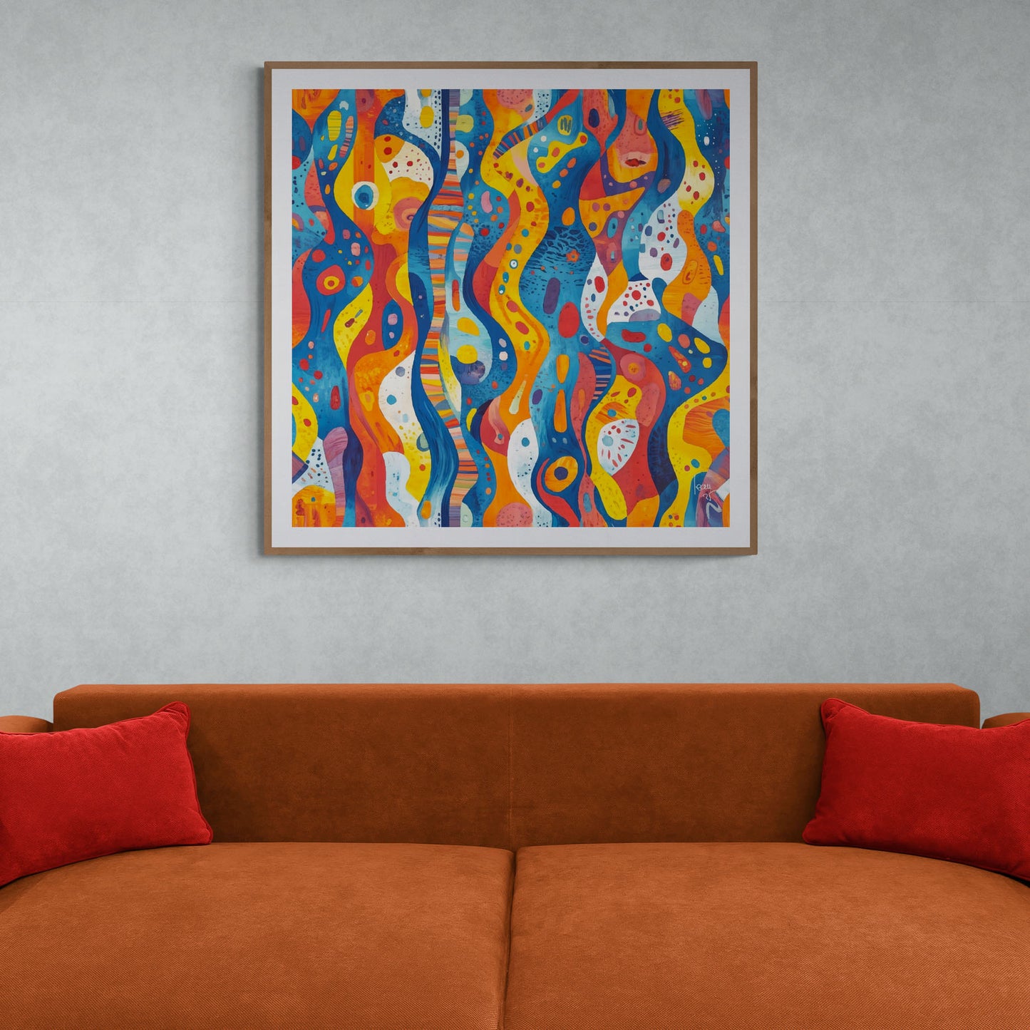 Mon oeuvre "Coraux" exposée dans un intérieur moderne, apaisante et vivante, avec ses teintes corail et sa composition évocatrice du monde marin. Format 110x110cm encadré