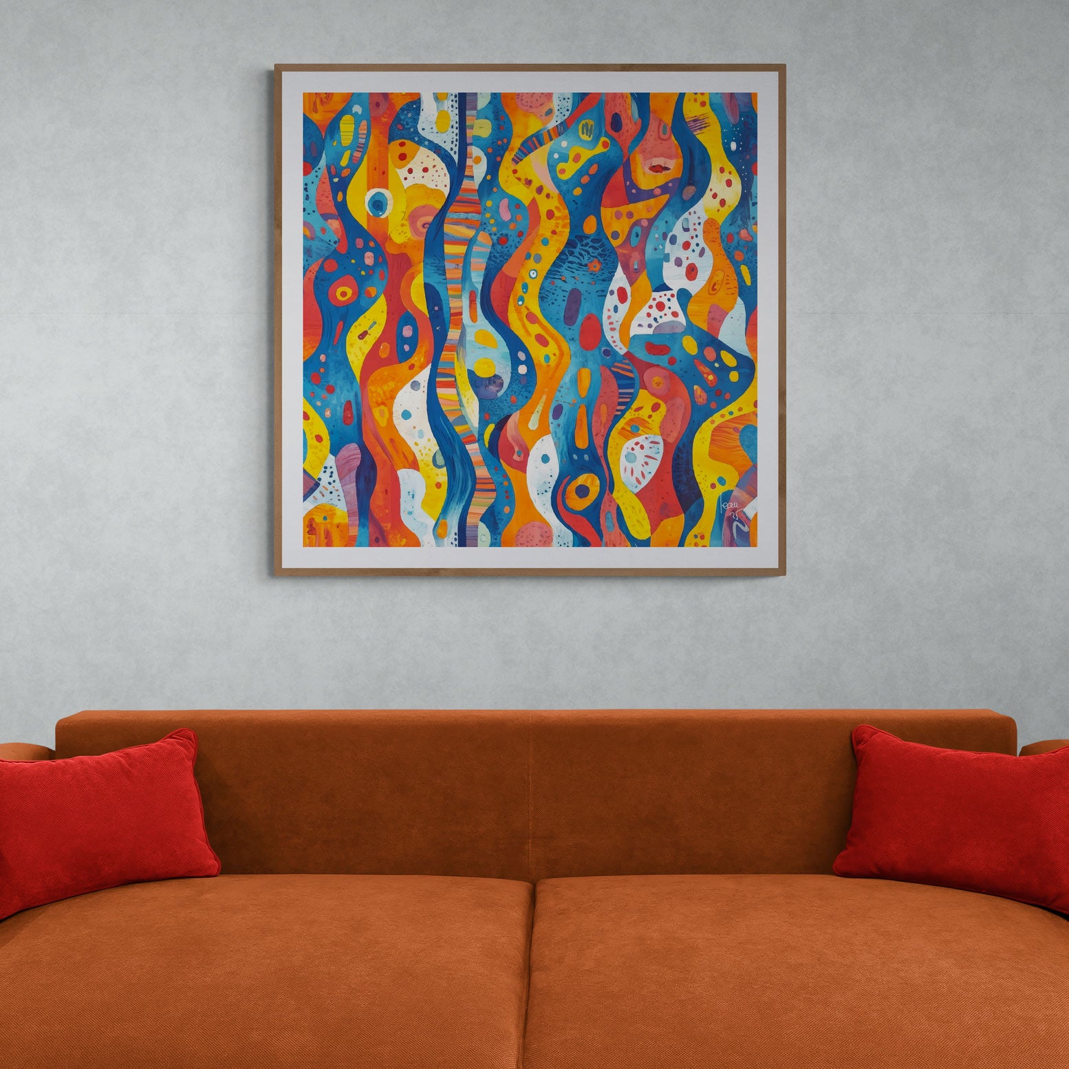 Mon oeuvre "Coraux" exposée dans un intérieur moderne, apaisante et vivante, avec ses teintes corail et sa composition évocatrice du monde marin. Format 110x110cm encadré