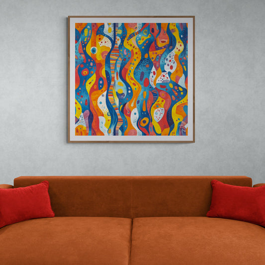 Mon oeuvre "Coraux" exposée dans un intérieur moderne, apaisante et vivante, avec ses teintes corail et sa composition évocatrice du monde marin. Format 110x110cm encadré