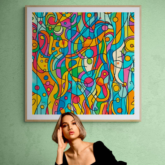 L’œuvre "Capsules" accrochée dans un intérieur design, tableau d’abstraction organique vibrant apportant mouvement et énergie à la décoration.