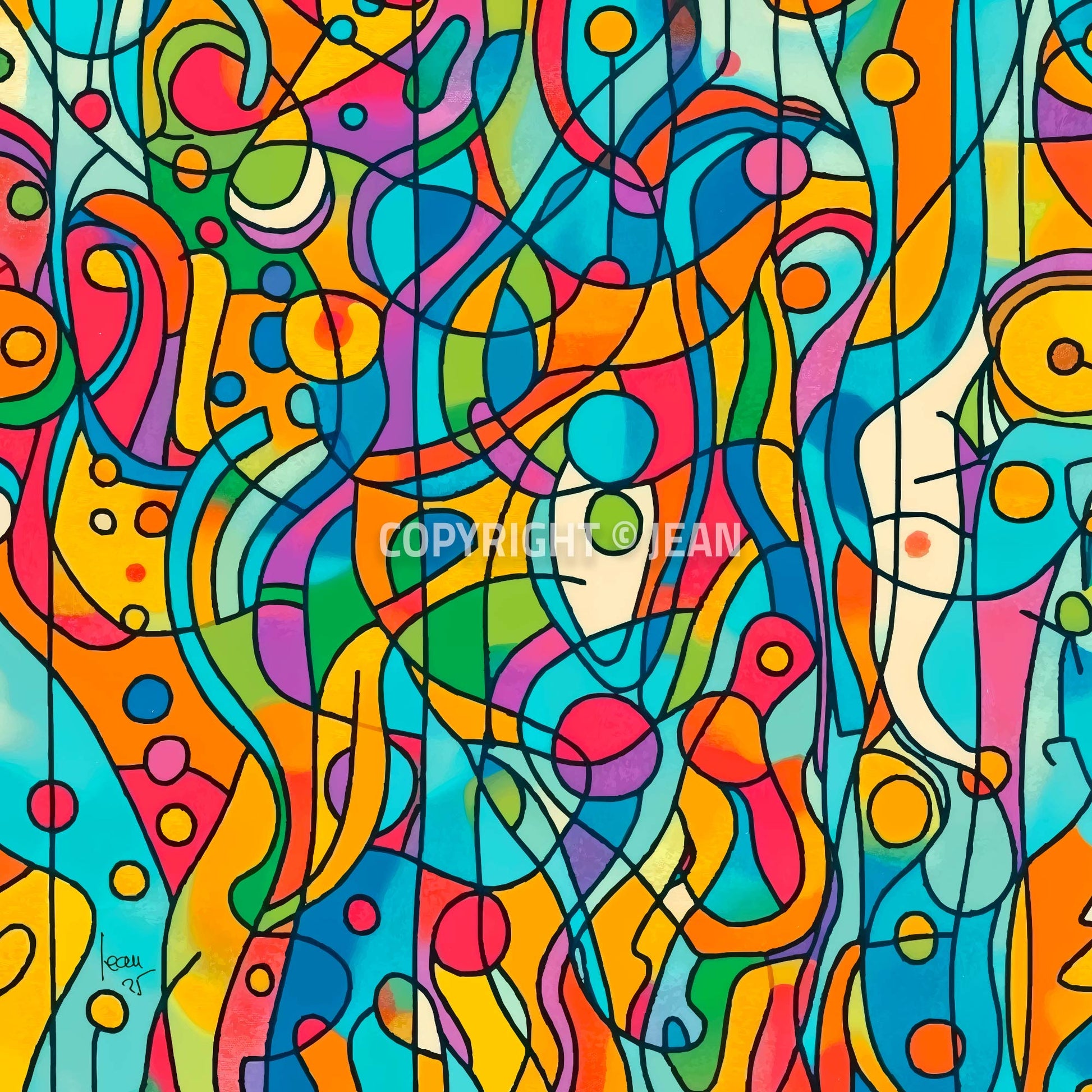 Œuvre numérique 'Capsules' : composition abstraite de formes sphériques colorées évoquant des cellules ou capsules organiques interconnectées.