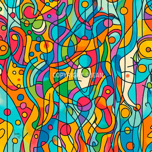 Œuvre numérique 'Capsules' : composition abstraite de formes sphériques colorées évoquant des cellules ou capsules organiques interconnectées.