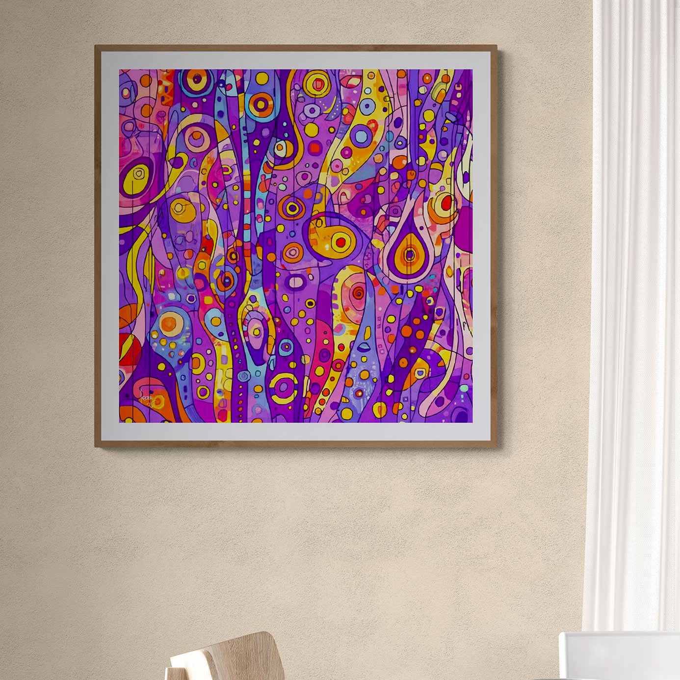 Tableau "Tissus Cosmique" sous cadre accroché dans une salle à manger, ambiance cosmique avec lumière douce et décor moderne