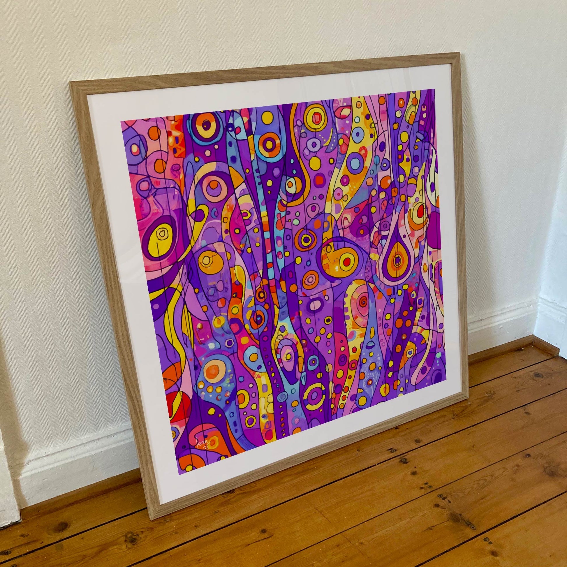 Œuvre 'Tissus Cosmique' encadrée format 70×70 cm, composition galactique immersive