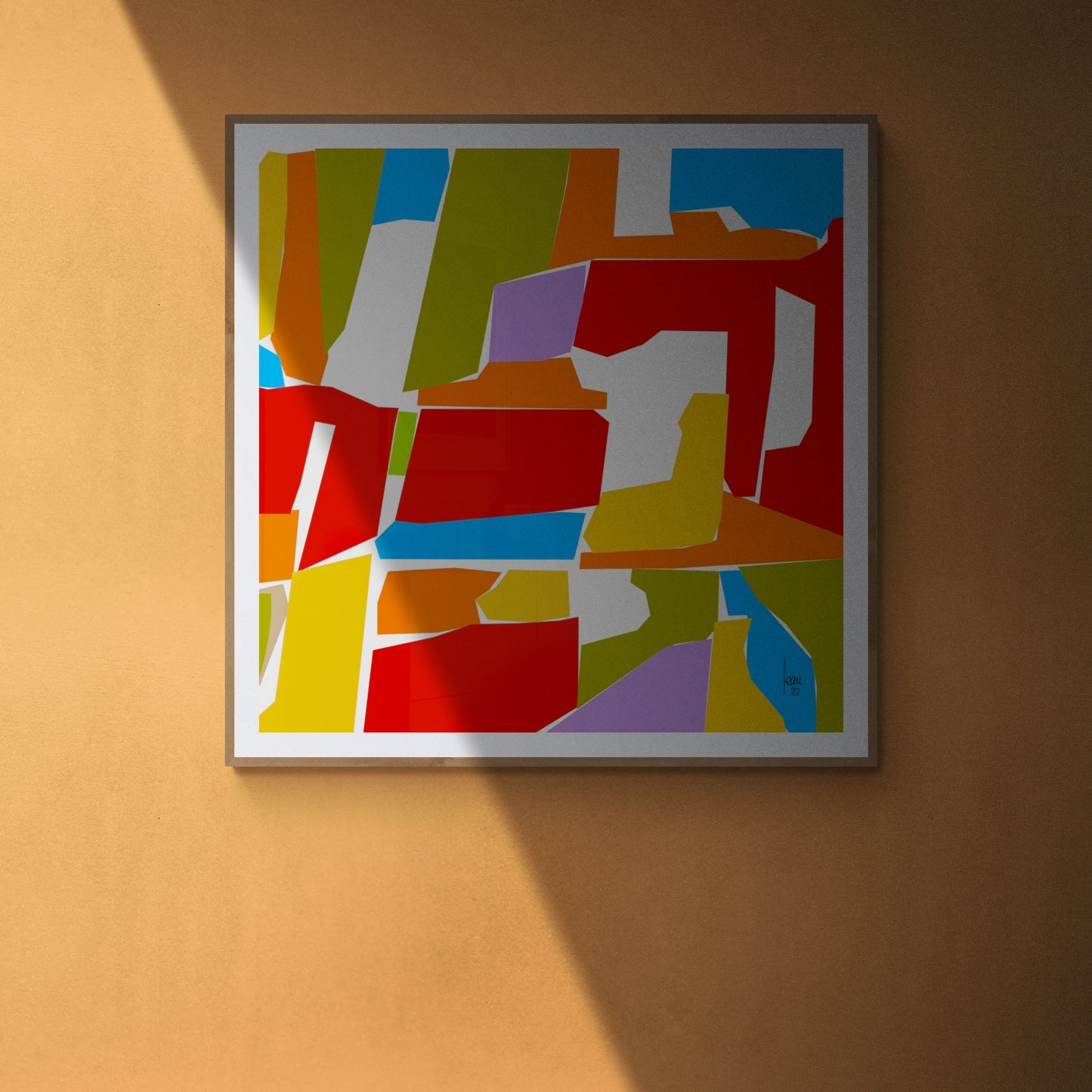 Mon oeuvre "Méditerranée" encadrée, art contemporain exposé dans un intérieur lumineux.