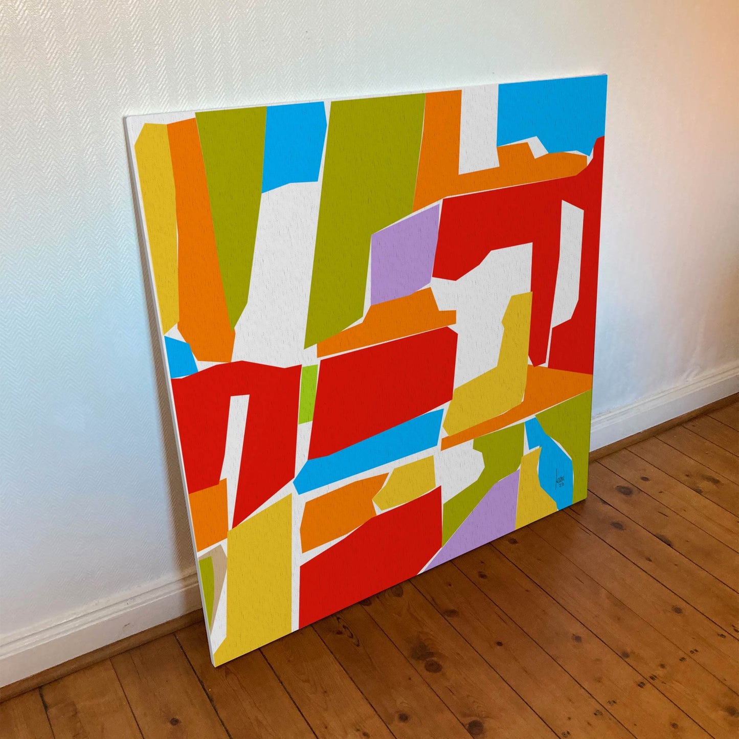 "Méditerranée" tirage d'art sur toile et châssis bois 100x100cm, matériaux haut de gamme. Art contemporain abstrait et achat en ligne. Des éléments de couleurs vives évoquant le soleil et la Provence