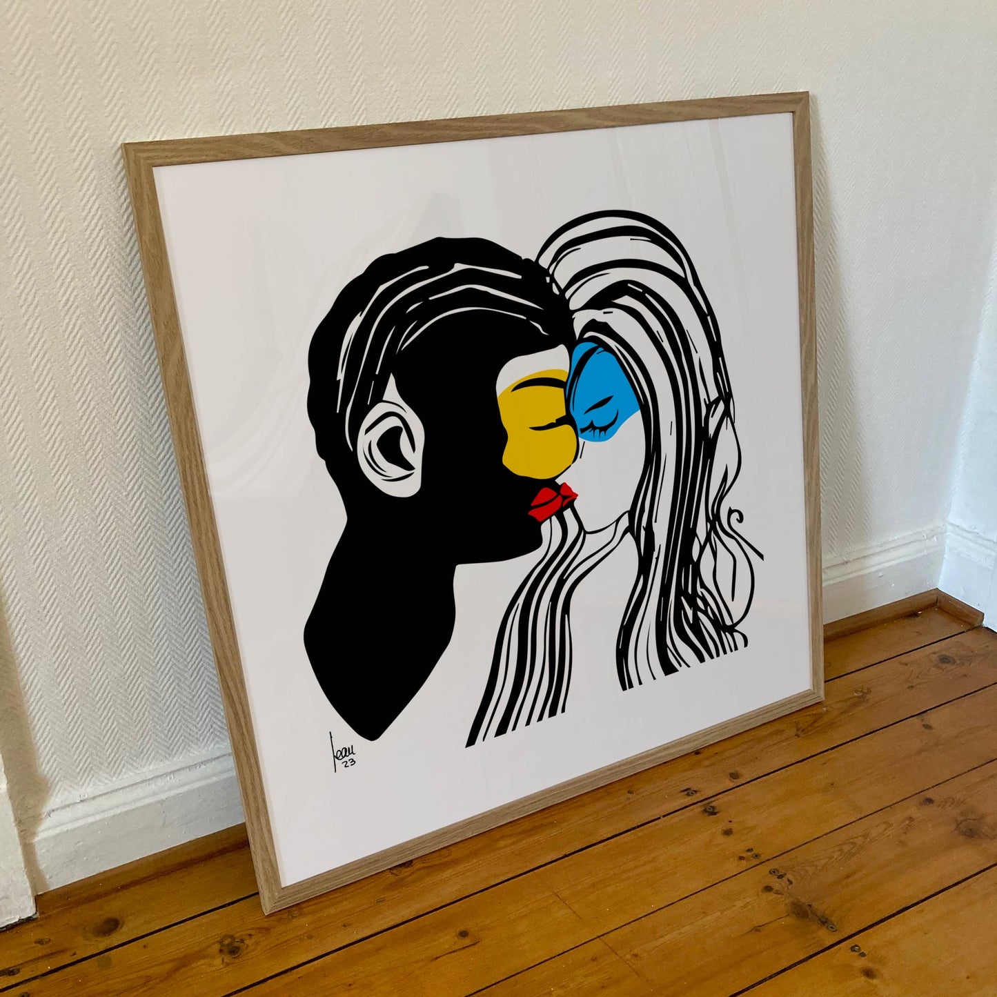 "Masques" tirage d'art sous cadre 70x70cm, papier haut de gamme. Art contemporain abstrait et achat en ligne, portrait d'un couple bleu, jaune, rouge et noir