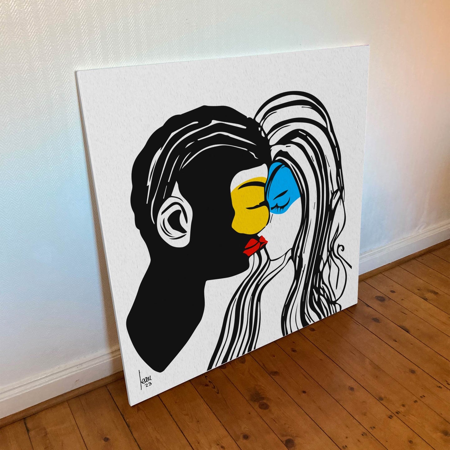 "Masques" tirage d'art sur toile et châssis bois 100x100cm, toile haut de gamme. Art contemporain abstrait et achat en ligne, portrait d'un couple bleu, jaune, rouge et noir