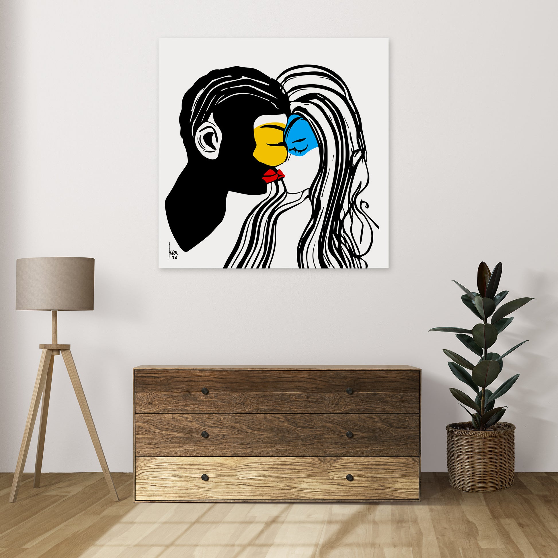 "Masques" tirage d'art haut de gamme. Art contemporain abstrait et achat en ligne, portrait d'un couple bleu, jaune, rouge et noir exposé dans un séjour