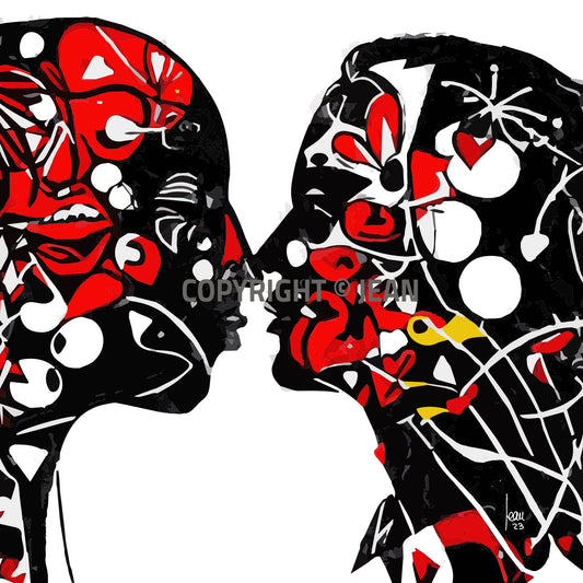 "Nos Face à Face", tirage d'art haut de gamme. Art contemporain abstrait et achat en ligne, portraits couple noir et rouge