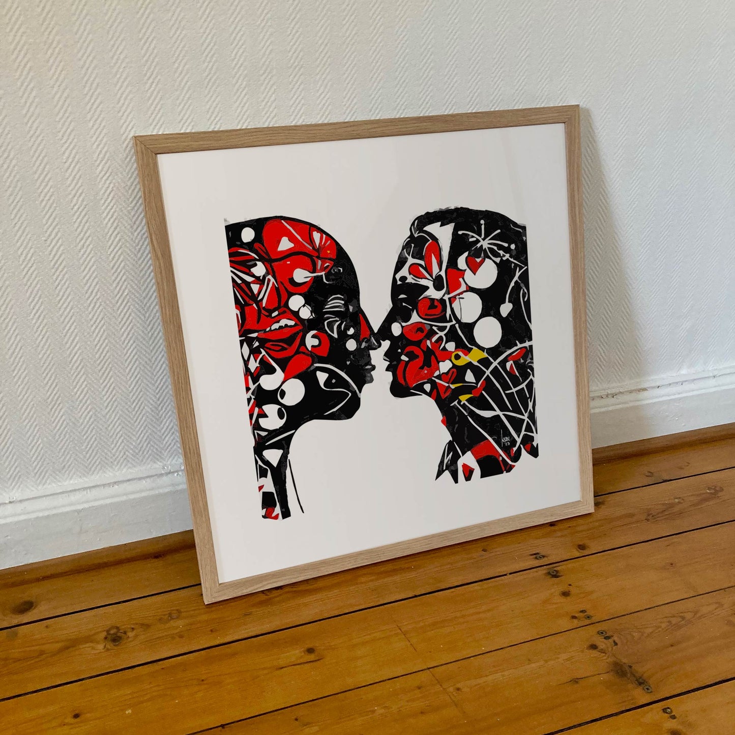 "Nos Face à Face", tirage d'art sous cadre 50x50cm, papiers haut de gamme. Art contemporain abstrait et achat en ligne, portraits couple noir et rouge