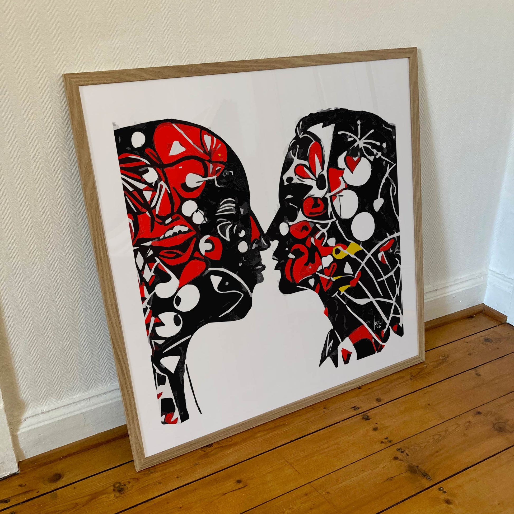 "Nos Face à Face", tirage d'art sous cadre 70x70cm, papiers haut de gamme. Art contemporain abstrait et achat en ligne, portraits couple noir et rouge