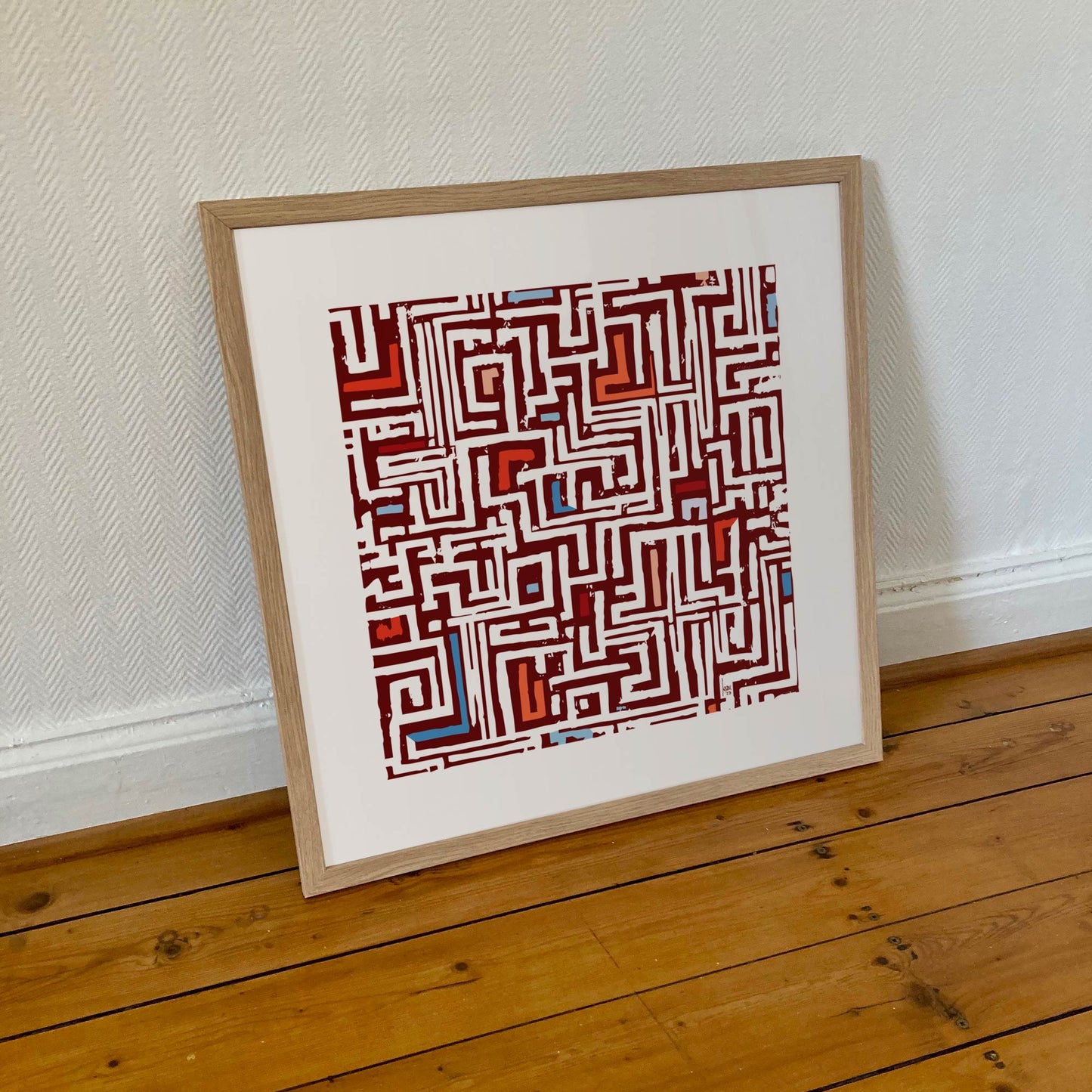 "Réseau" tirage d'art sous cadre 50x50cm, papiers haut de gamme. Art contemporain abstrait et achat en ligne, labyrinthe rouge et bleu