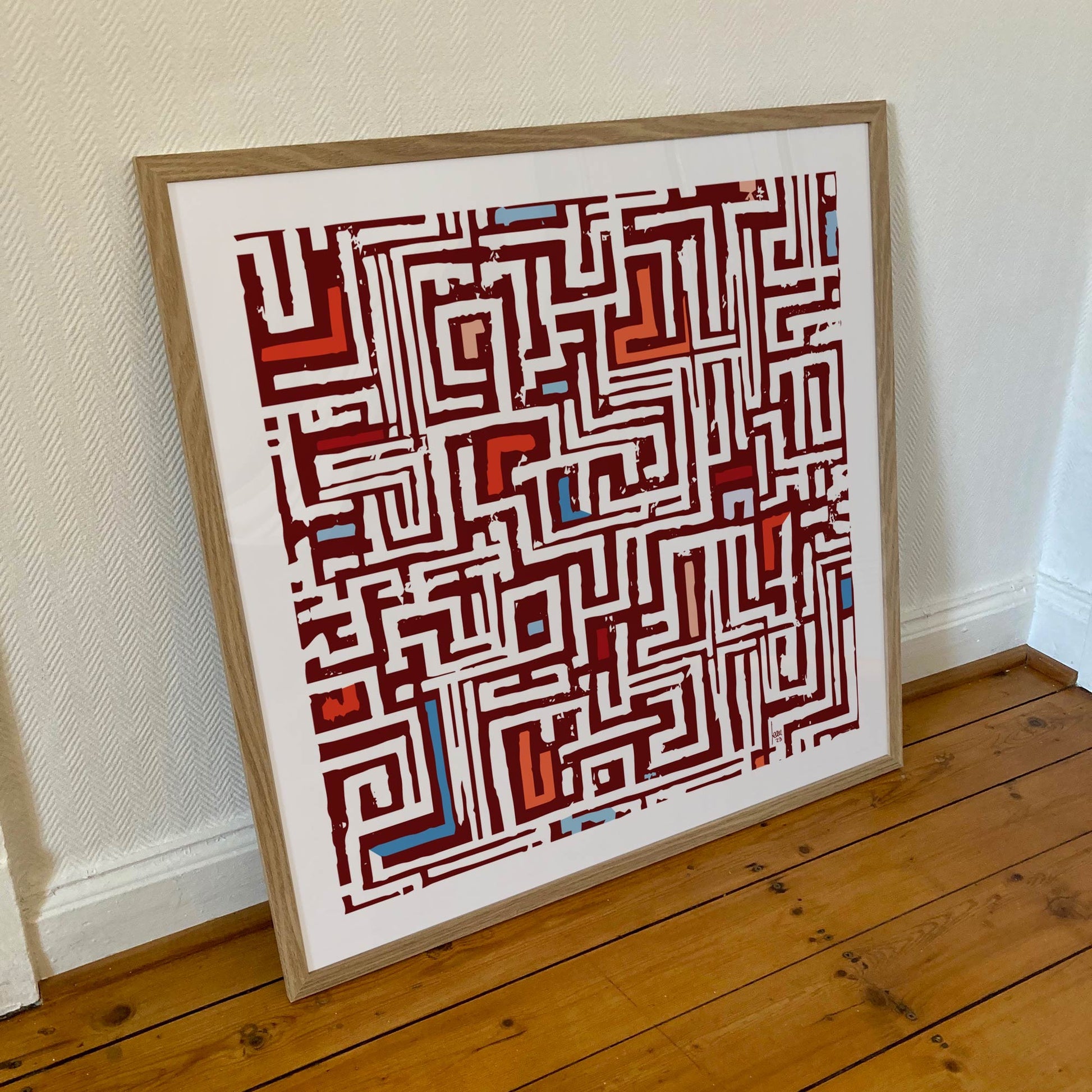 "Réseau" tirage d'art sous cadre 70x70cm, papiers haut de gamme. Art contemporain abstrait et achat en ligne, labyrinthe rouge et bleu