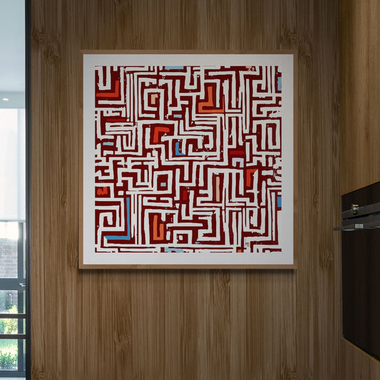 Tableau "le Réseau" encadré, art abstrait exposé dans une cuisine moderne