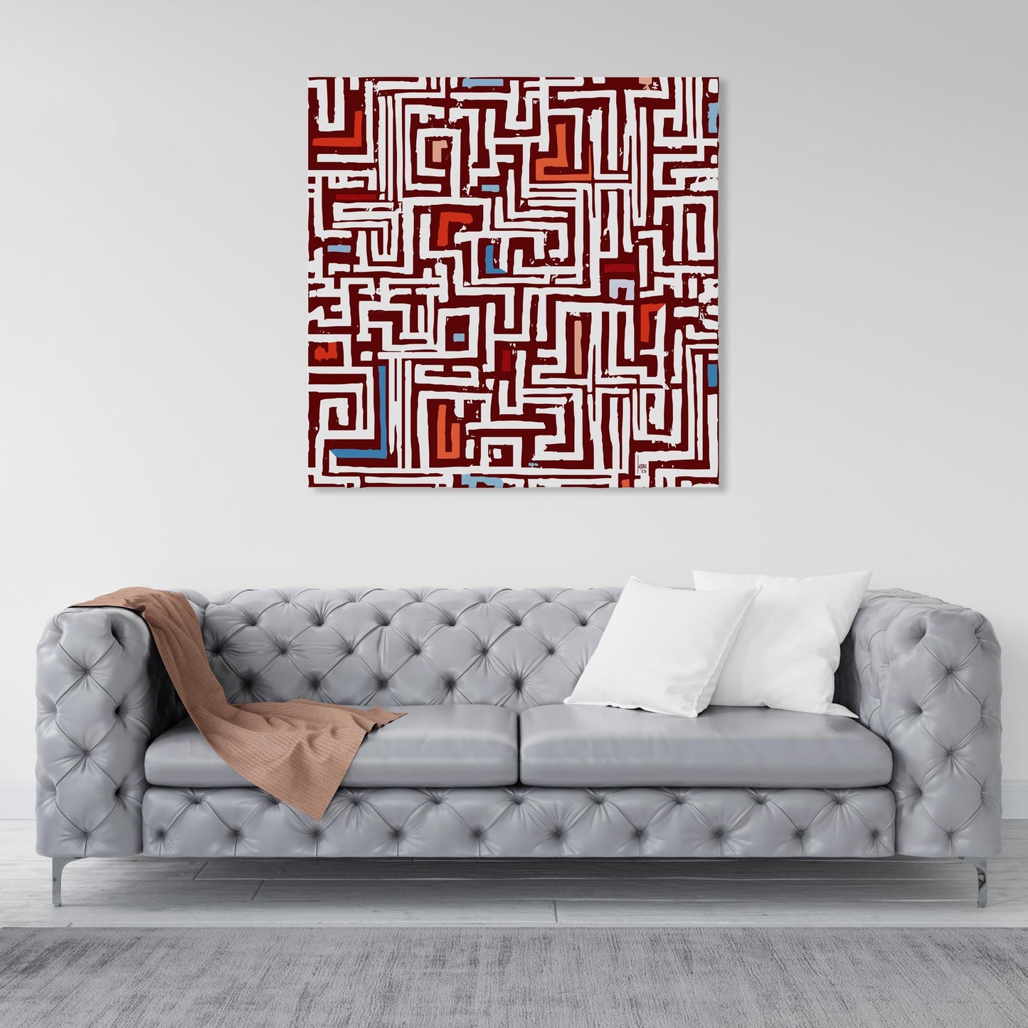 "Réseau", tirage d'art haut de gamme. Art contemporain abstrait et achat en ligne, labyrinthe rouge et bleu, exposé au-dessus d'un canapé dans un séjour