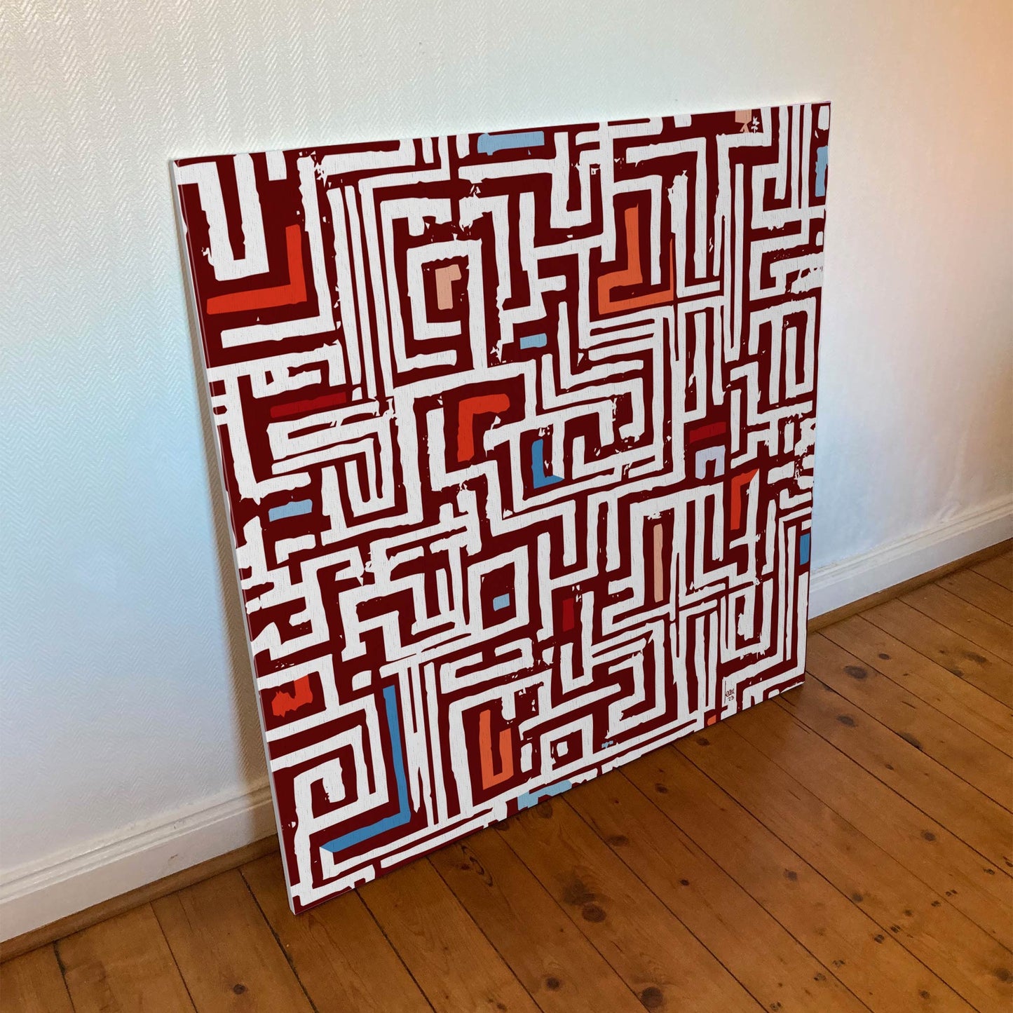 "Réseau" tirage d'art sur toile et châssis bois 100x100cm, matériaux haut de gamme. Art contemporain abstrait et achat en ligne, labyrinthe rouge et bleu