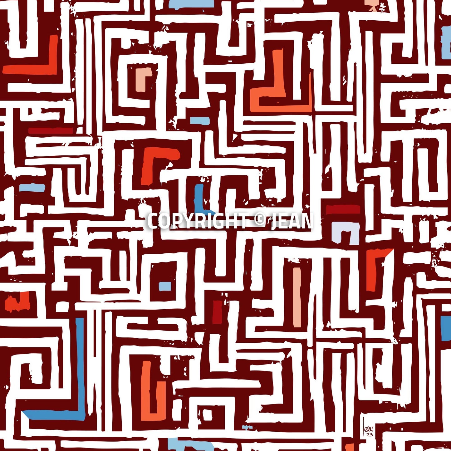 "Réseau" tirage d'art haut de gamme. Art contemporain abstrait et achat en ligne, labyrinthe rouge et bleu