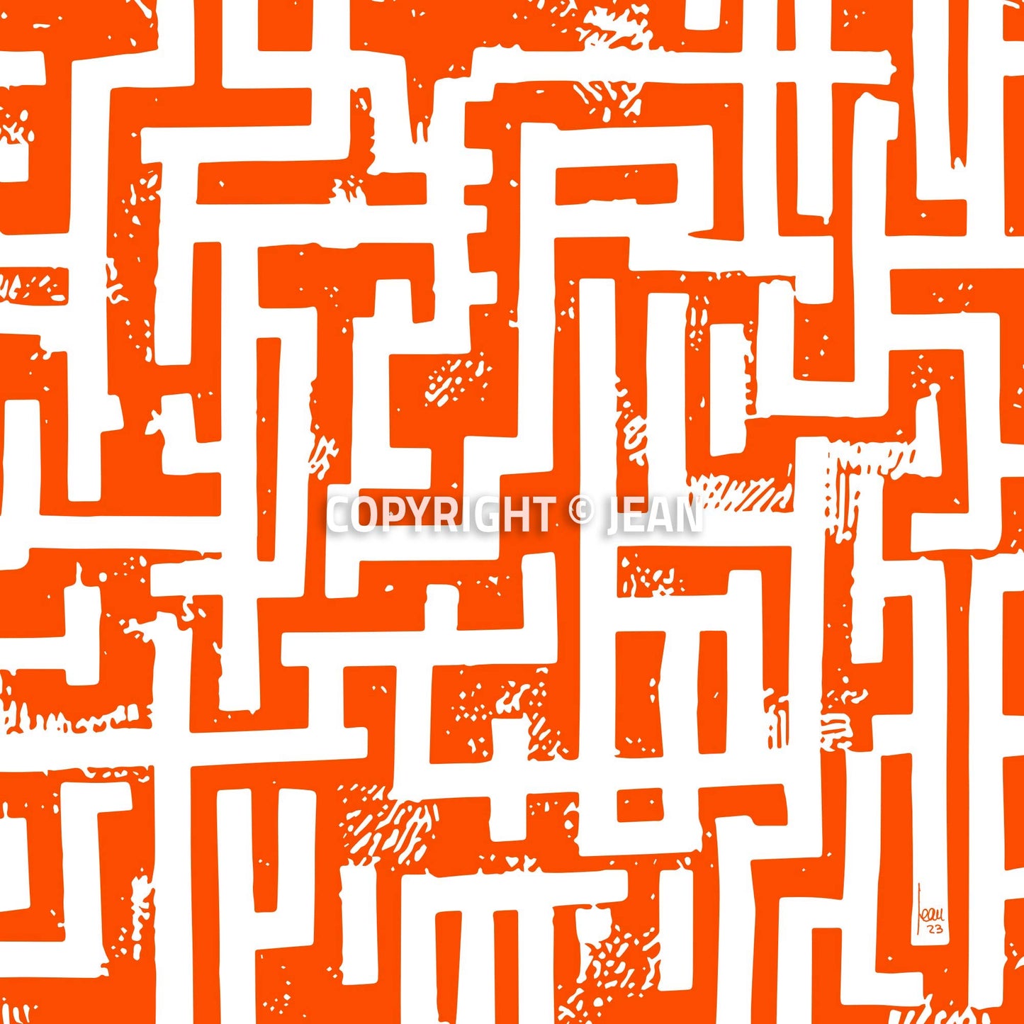 "Itinéraire" tirage d'art haut de gamme. Art contemporain abstrait et achat en ligne, labyrinthe monochrome orange