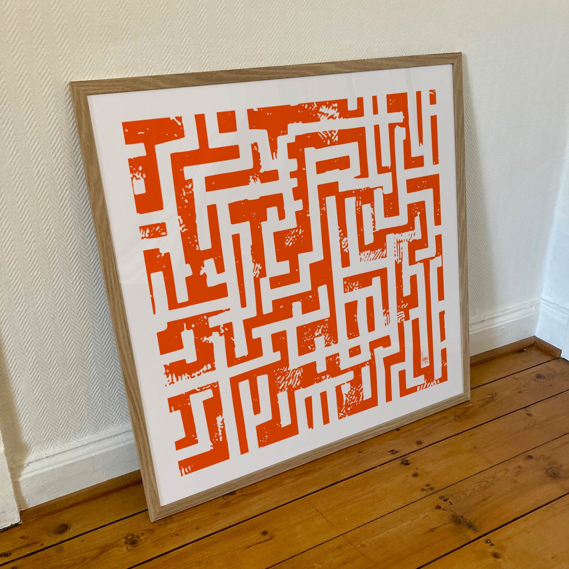 "Itinéraire" tirage d'art sous cadre 70x70cm, papier haut de gamme. Art contemporain abstrait et achat en ligne, labyrinthe monochrome orange