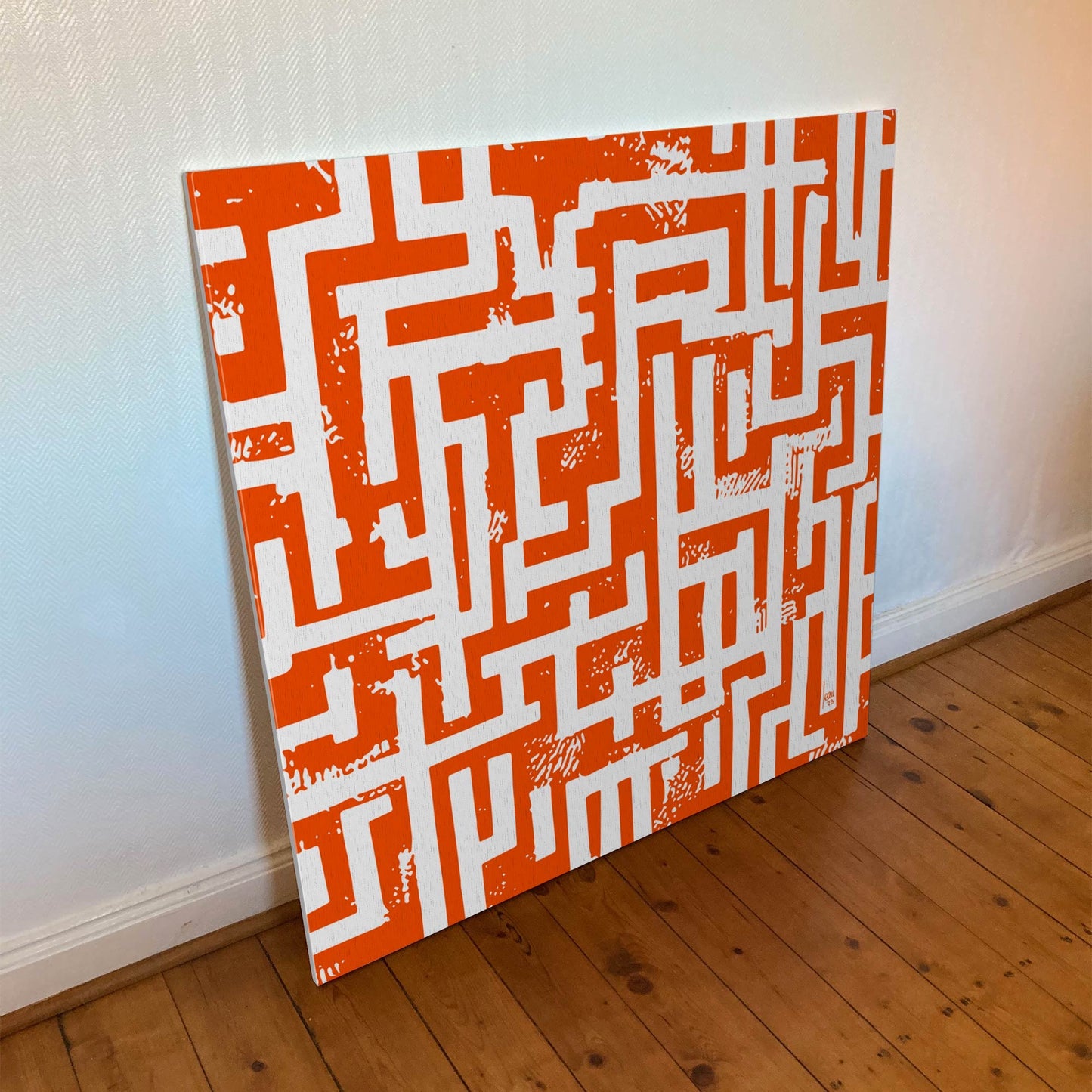 "Itinéraire" tirage d'art sur toile et châssis bois 100x100cm, papier haut de gamme. Art contemporain abstrait et achat en ligne, labyrinthe monochrome orange