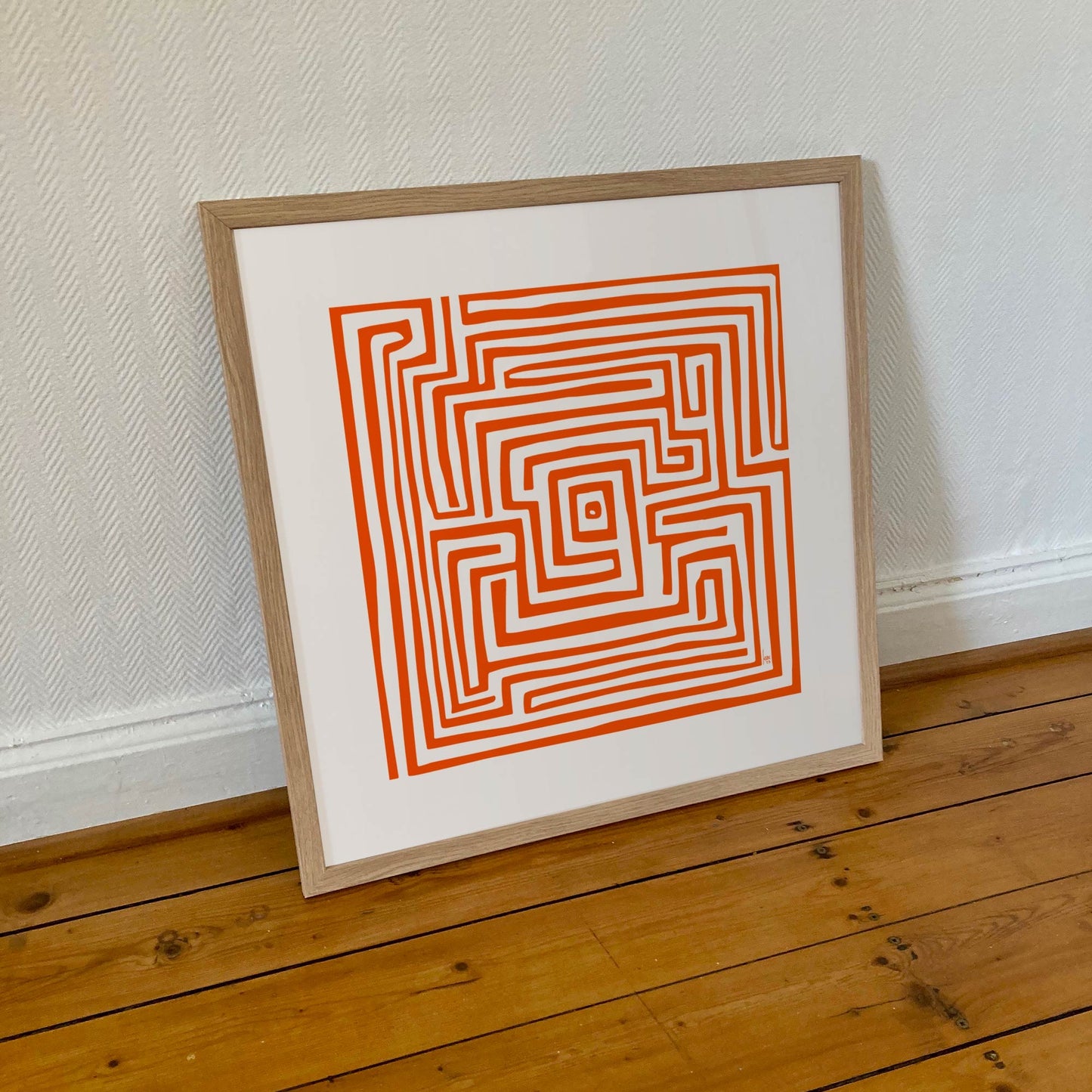 "Le Labyrinthe Orange" tirage d'art sous cadre 50x50cm, papier haut de gamme. Art contemporain abstrait et achat en ligne, oeuvre monochrome