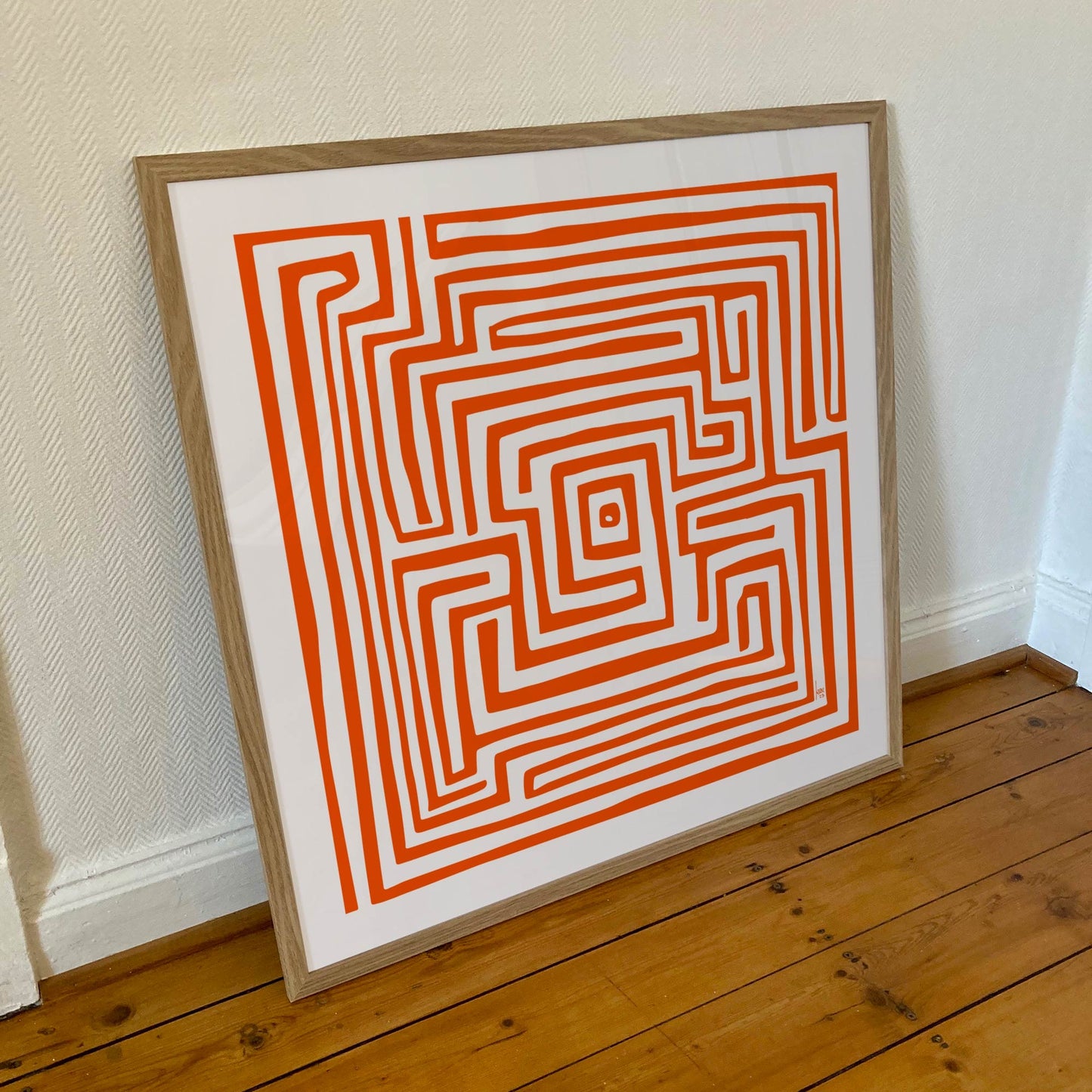 "Le Labyrinthe Orange" tirage d'art sous cadre 70x70cm, papier haut de gamme. Art contemporain abstrait et achat en ligne, oeuvre monochrome