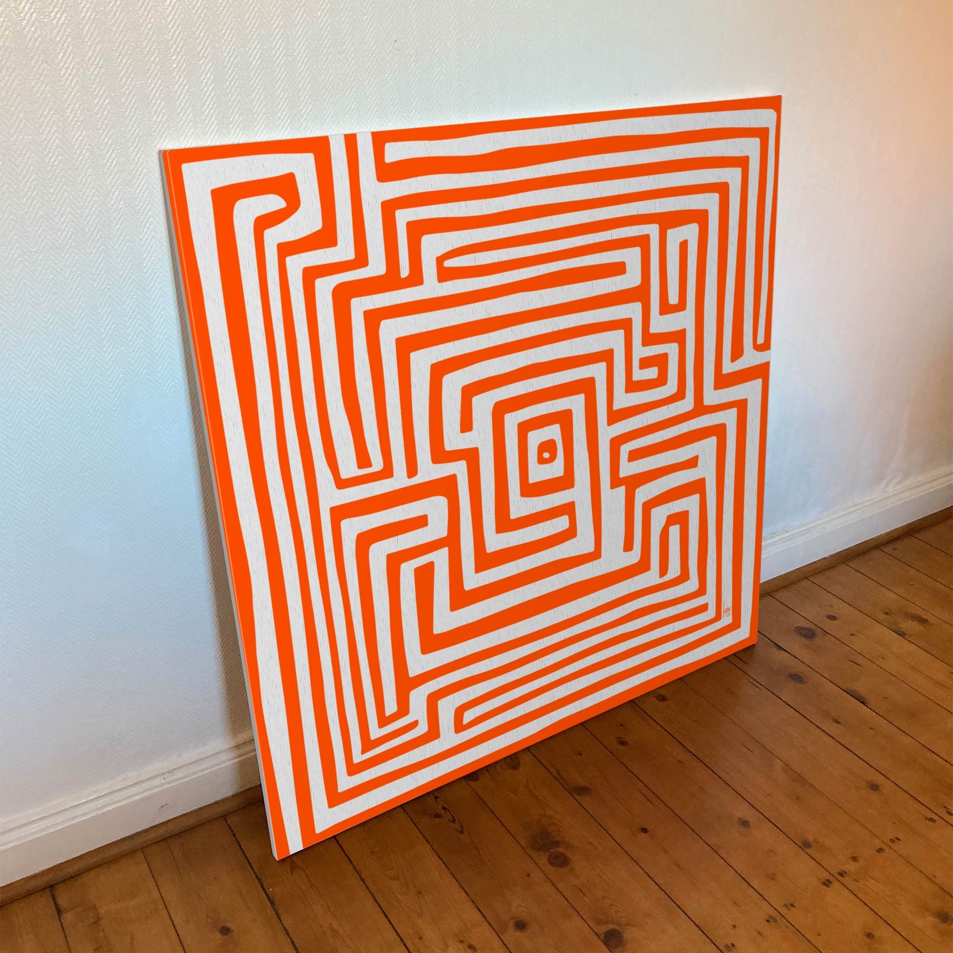 "Le Labyrinthe Orange" tirage d'art sur toile et châssis bois 100x100cm,  papier haut de gamme. Art contemporain abstrait et achat en ligne, oeuvre monochrome