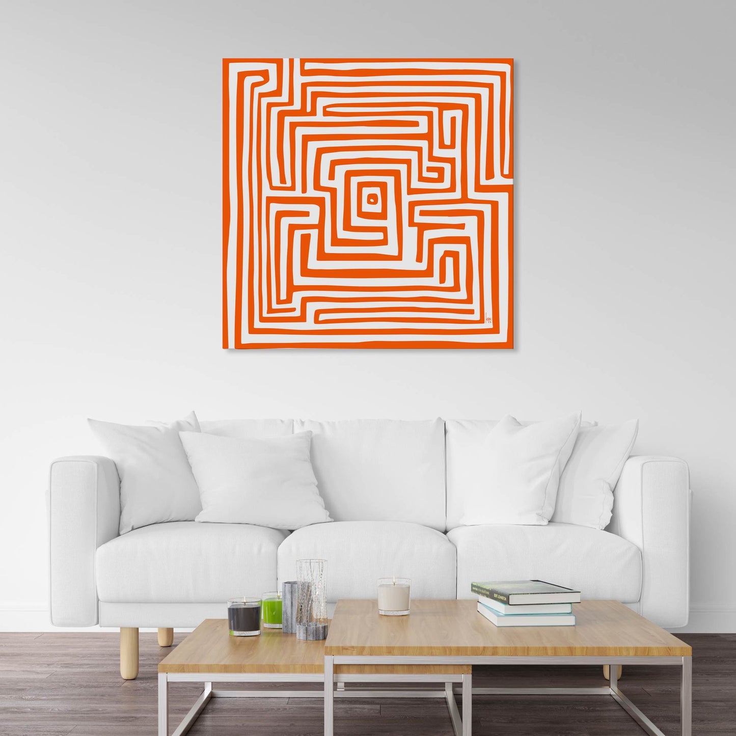 "Le Labyrinthe Orange" tirage d'art haut de gamme. Art contemporain abstrait et achat en ligne, oeuvre monochrome dans un séjour