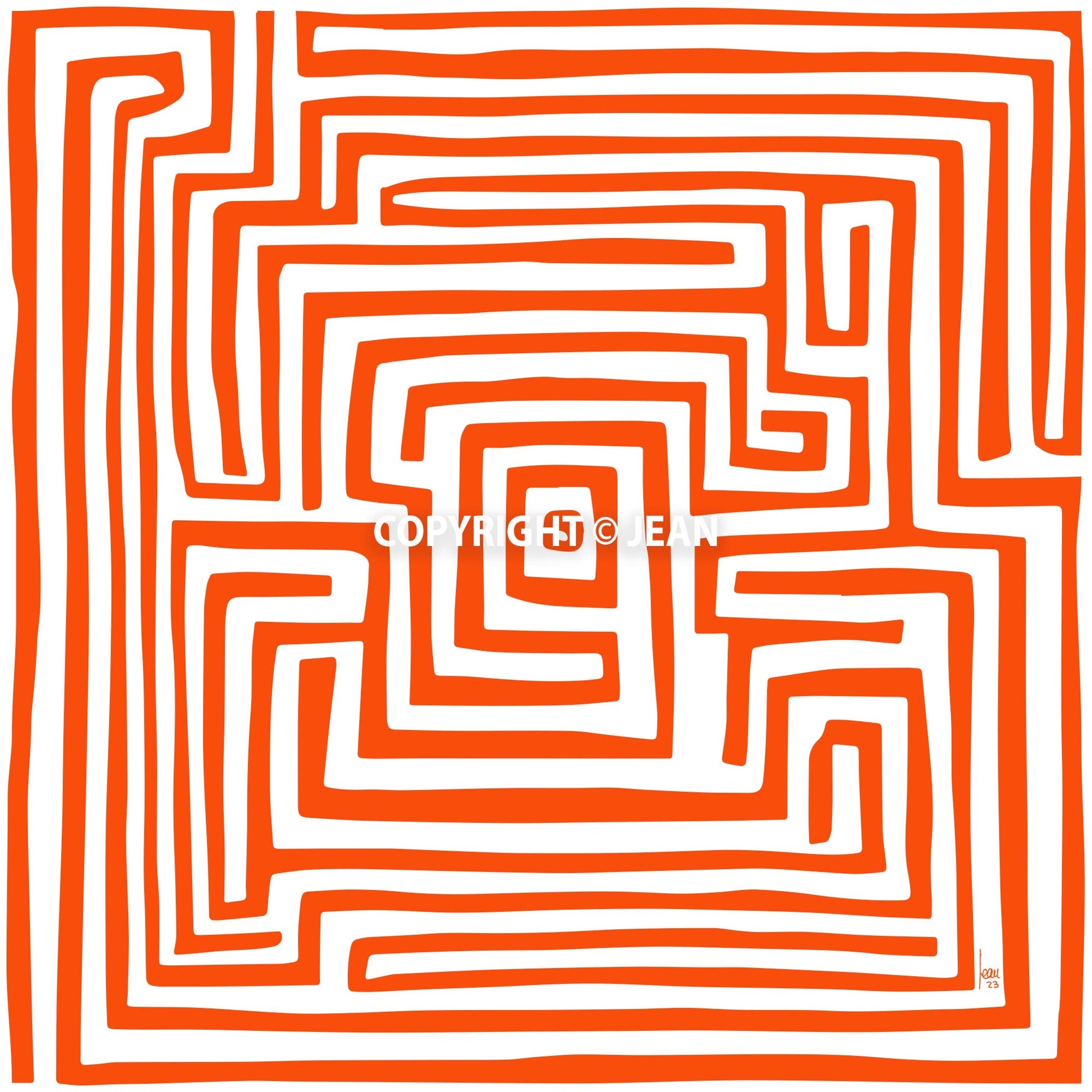 Œuvre complète 'Labyrinthe Orange' : motif abstrait labyrinthique orangé, formes géométriques entrelacées