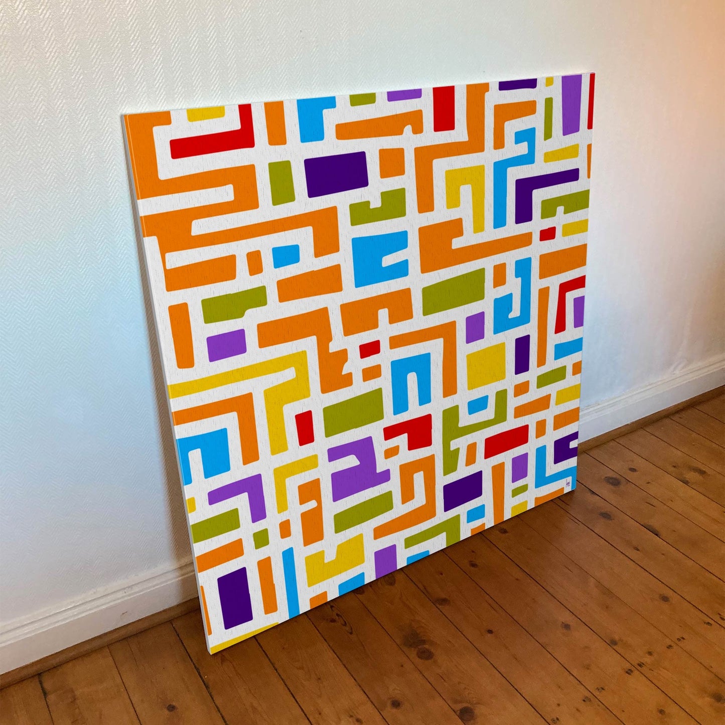 "Mon Quartier Le Jour". Tirage d'art sur toile et châssis bois 100x100cm, qualité haut de gamme. Art contemporain abstrait et achat en ligne, un labyrinthe coloré