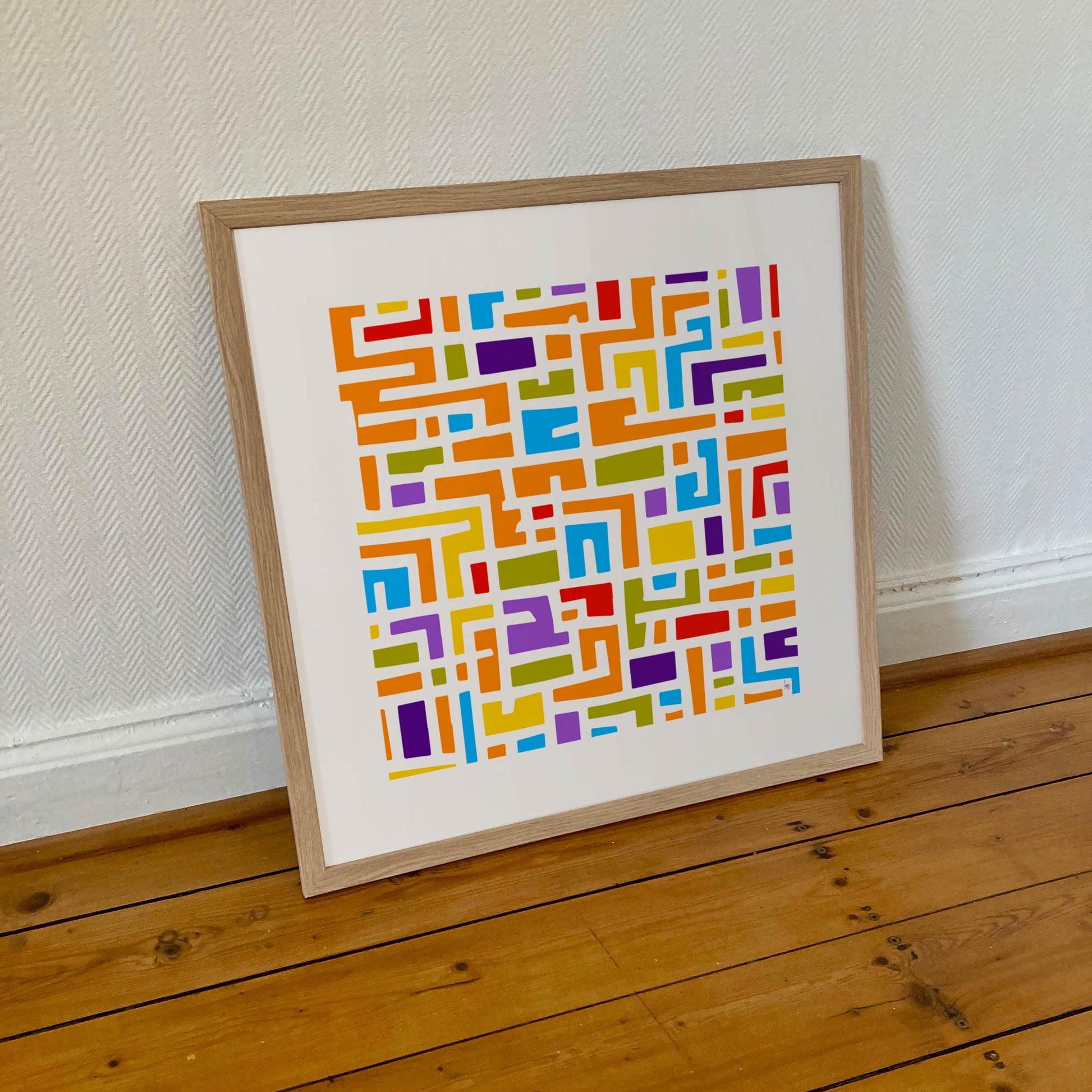 "Mon Quartier Le Jour". Tirage d'art encadré 50x50cm, papiers haut de gamme. Art contemporain abstrait et achat en ligne, un labyrinthe coloré